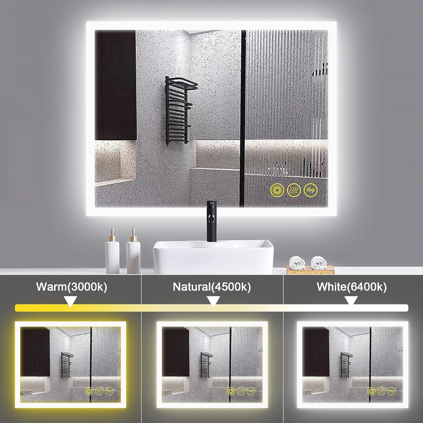 Wall-Mounted LED Square Bathroom Mirror, Makeup Mirror (36inches x 30inches,) 3 Color Stepless Dimmable Memory Bathroom Vanity Mirror with Lights CRI90+ 3000-6400K Smart Mirror with Touch