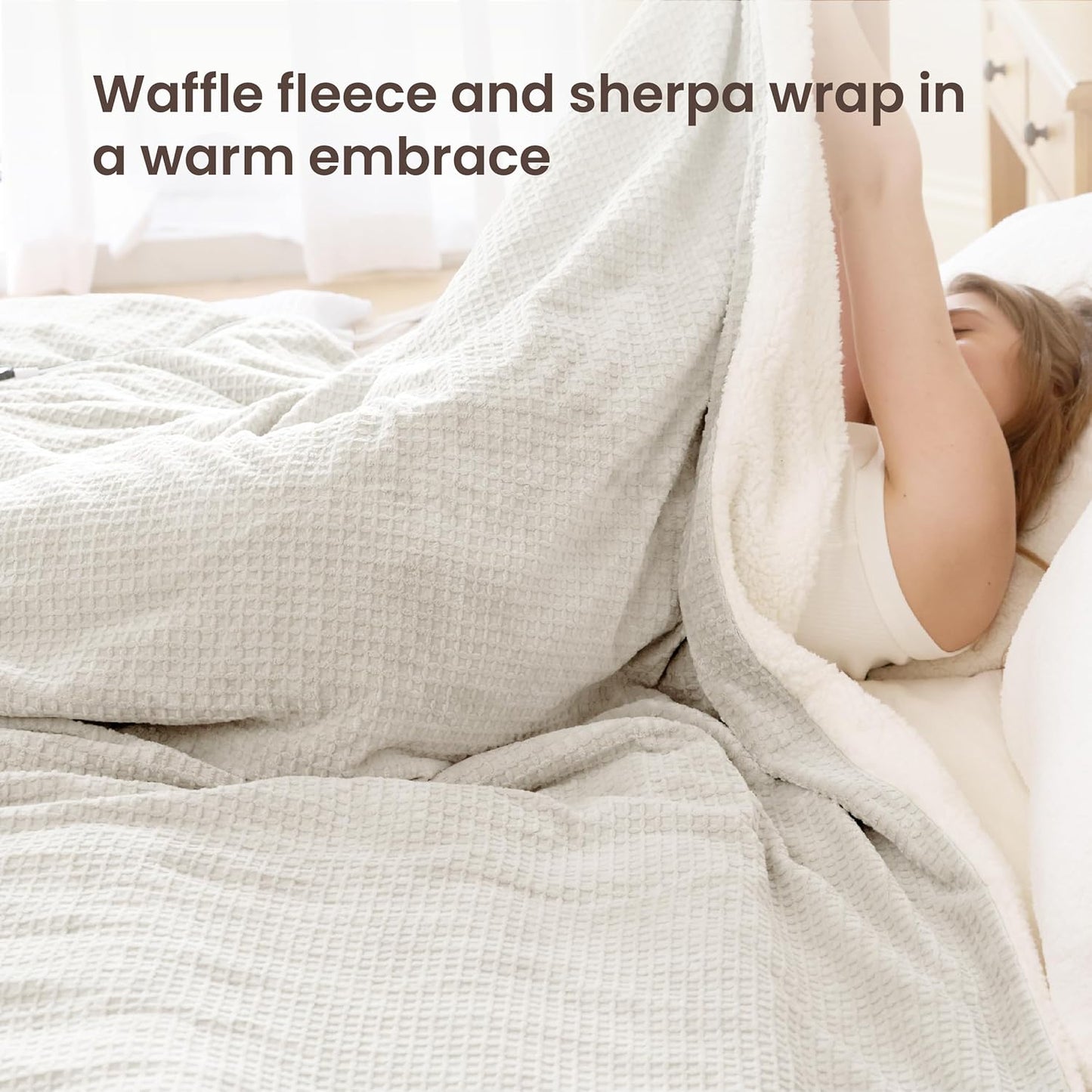 Heated Blanket Electric Blanket Queen Waffle, 84x90 Inches Dual Controllers Sherpa Fleece Fast Heating Blanket 6 Heating Levels & 10 Hours Auto Off ETL Certification,Beige Queen