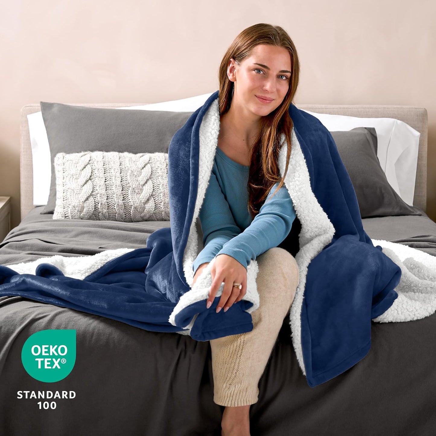Bare Home Sherpa Fleece Blanket - King Size - Blanket for Bed, Sofa, and Couch - Warm & Lightweight - Fluffy & Soft - Reversible (King, Dark Blue)