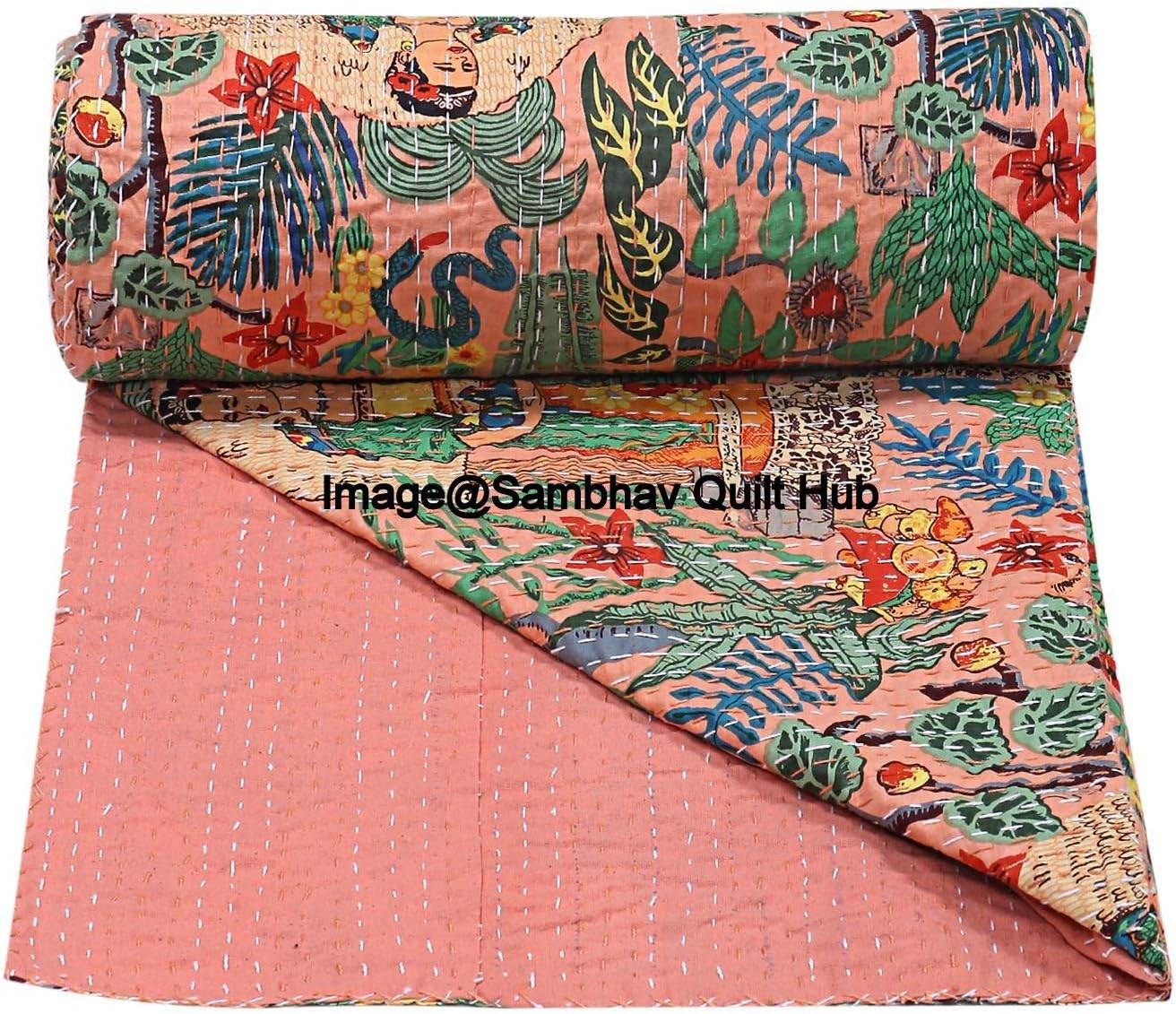 Floral Printed Cotton Quilted Blanket Indian Handmade Bedspread Kantha Work Bohemian Bed Decor Throw Blanket Twin/King/Queen (California King 108" x108 with Pillow Cover)