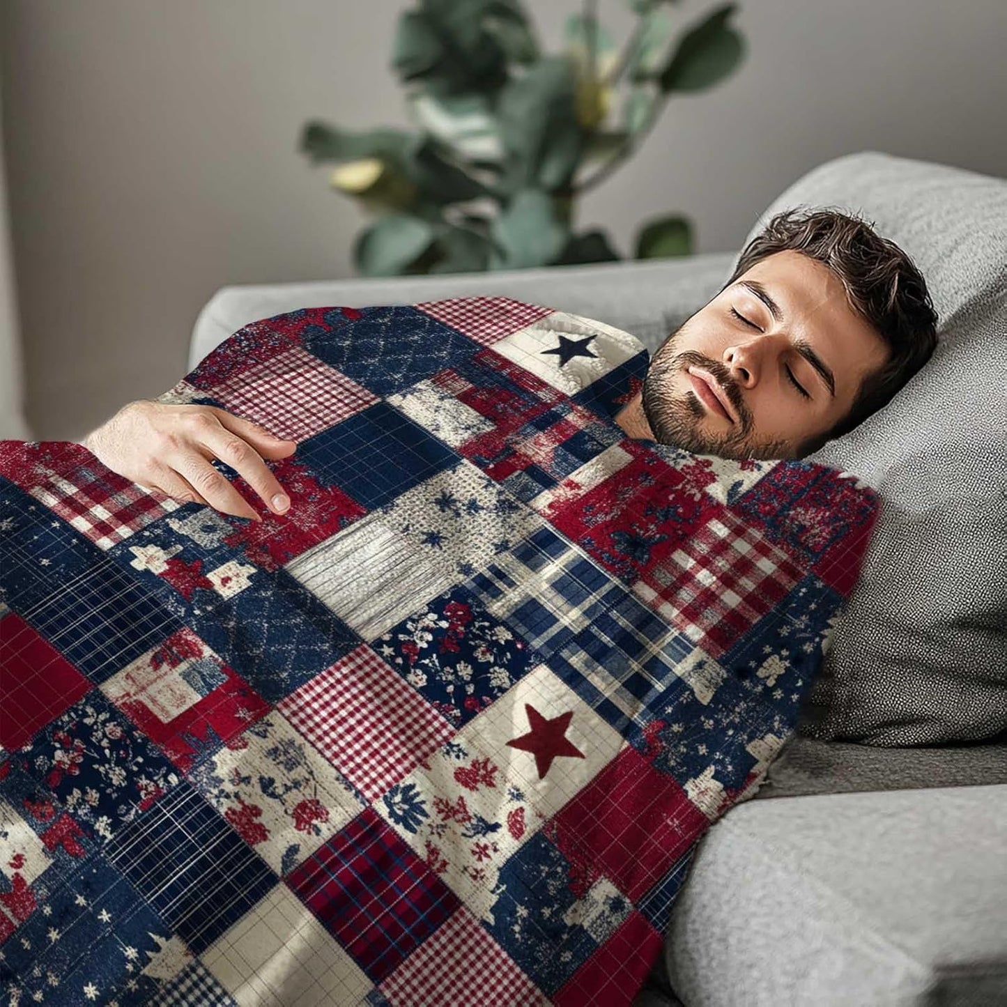 Printed Patchwork Country Blanket Throw for Women and Men, Farmhouse Vintage Blanket Gift, Lightweight Fleece Americana Rustic Home Decor, 40"×50"