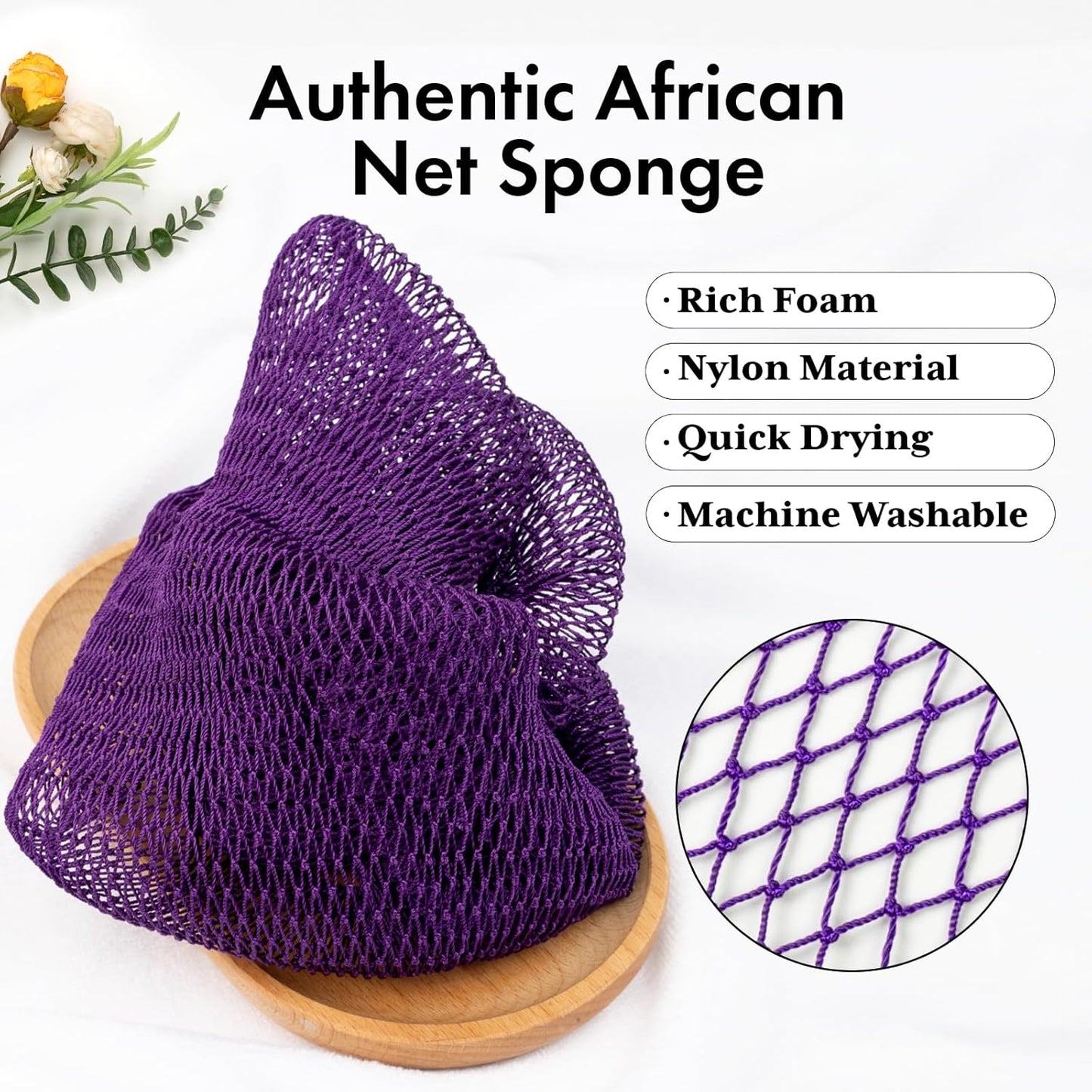 African Net Sponge Authentic 3 Pieces with Storage Bag, African Exfoliating Net Sponge Washcloth, Exfoliating Body Scrubber Bath Sponge Bathing Accessories (Rose, Purple, Bright Yellow)