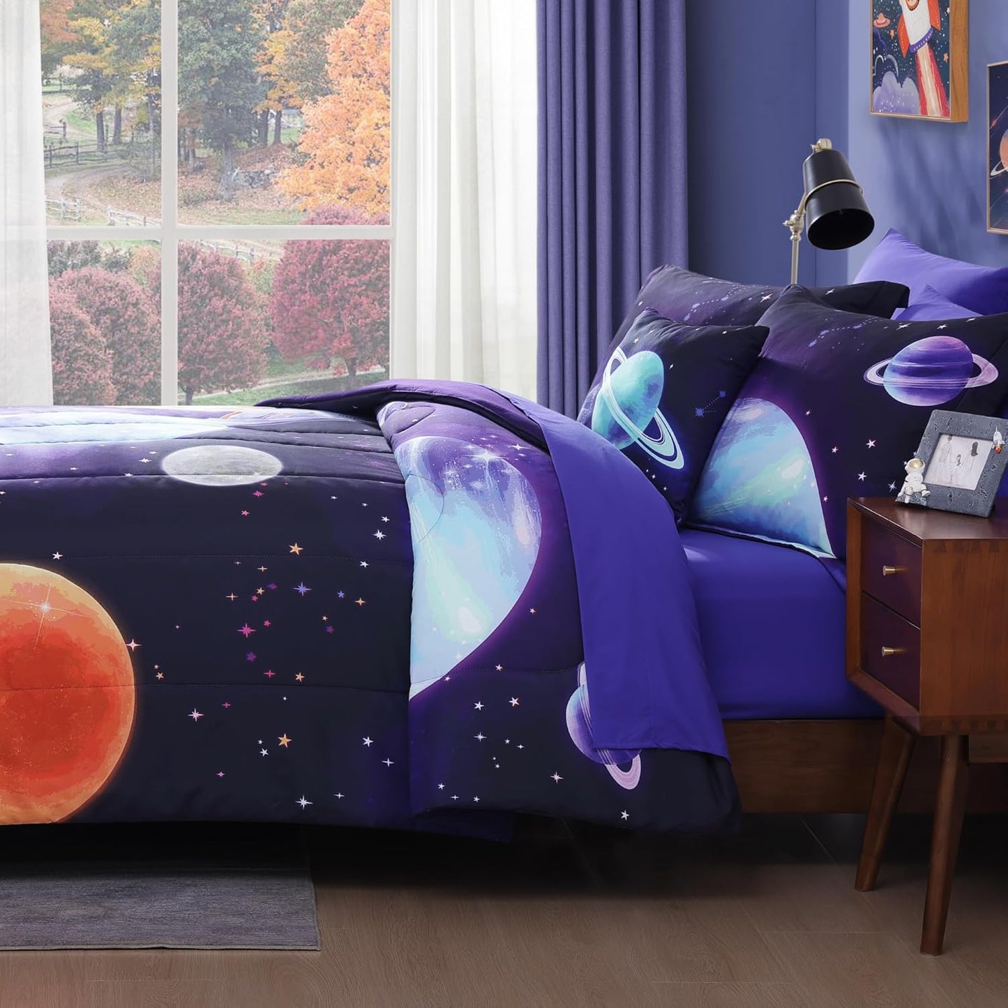 Twin Comforter Set for Boys-3 Pieces Navy Blue Space Rocket Twin Bedding Sets for Kids, 1 Comforter, 1 Sham and 1 Decor Pillow