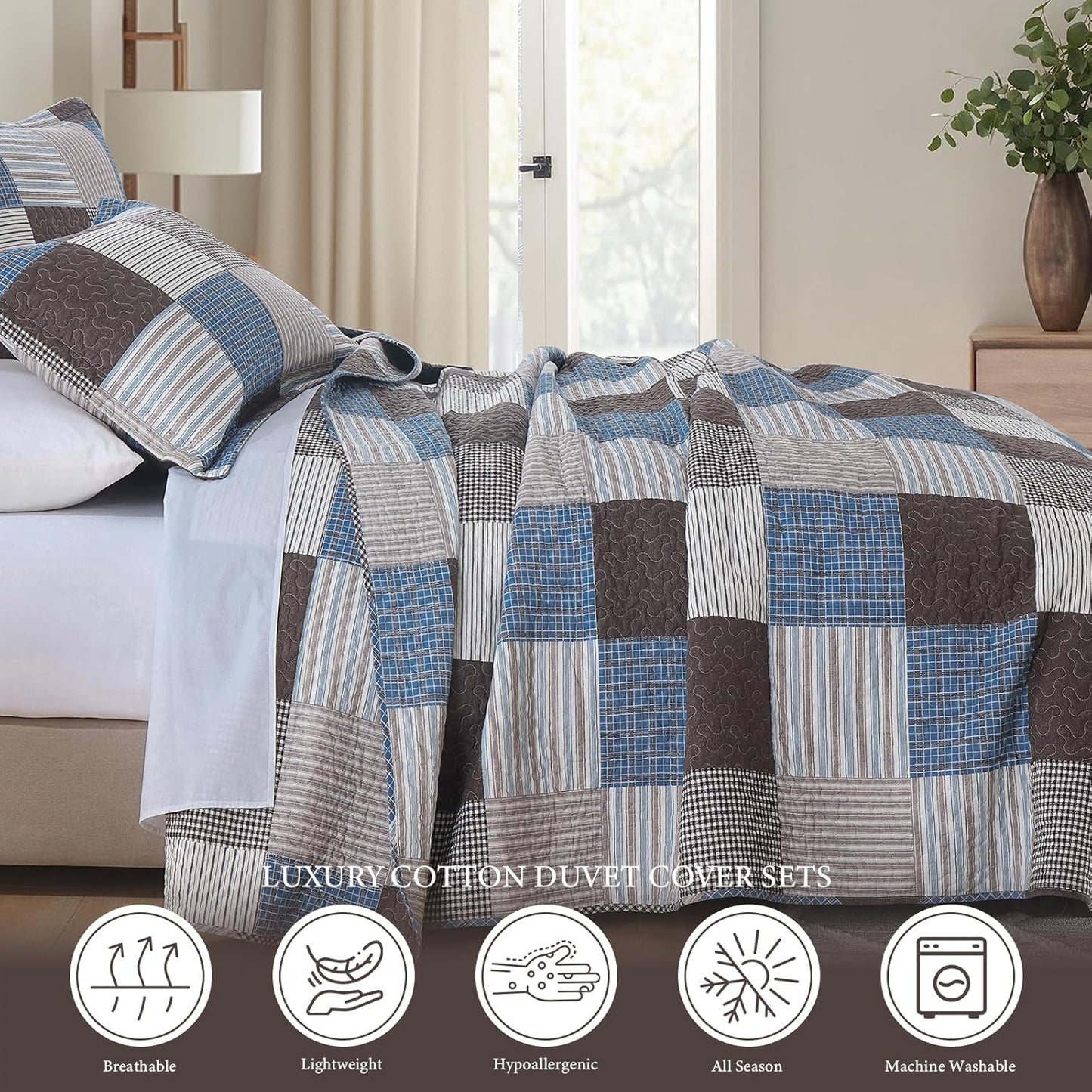 Uniclinens Plaid Quilt Set King Size, 100% Cotton Patchwork Quilt Bedding Set Bedspreads, Farmhouse Lightweight Comforter Quilted Quilt, 3 Pieces Set with 2 Pillowshams, Blue/Brown/White
