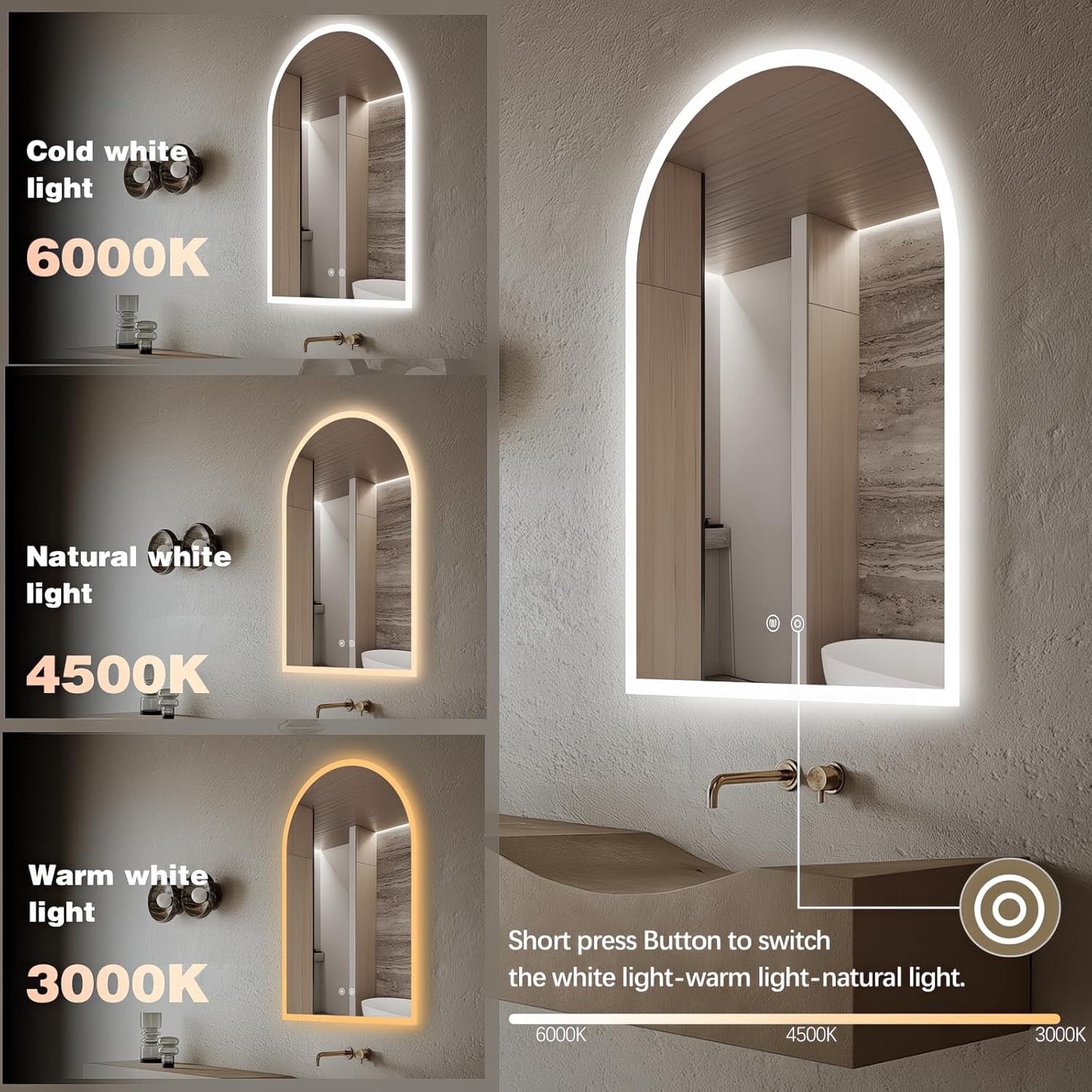 Niccy Arched LED Bathroom Mirror, 48"x30" Arch Frameless Frontlit & Backlit Mirrors for Wall, Arched Lighted Vanity Mirrors with Memory Function for Bathroom Bedroom, Defogger 3 Color, Explosion-Proof