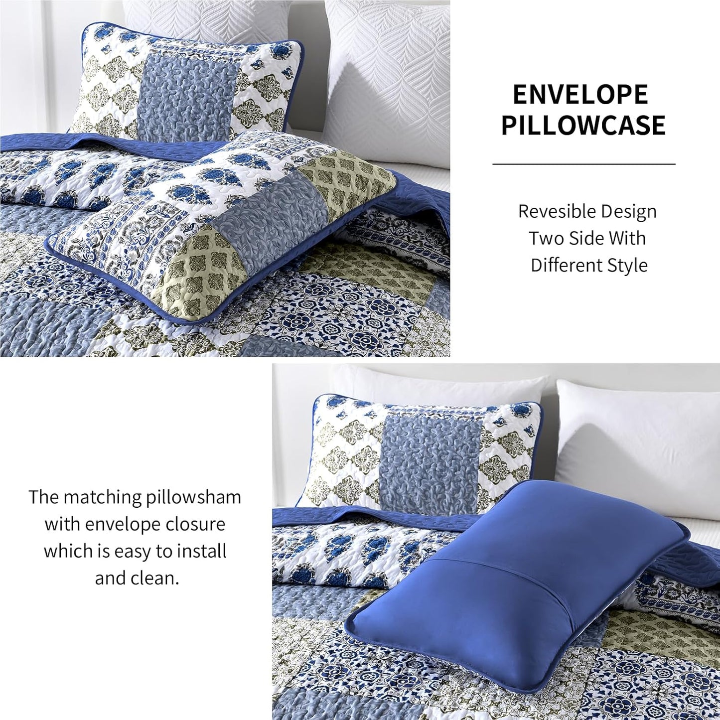 Mybedsoul Blue Quilt Set Queen Size 3 Pieces Boho Plaid Aqua Blue Floral Bedspread Set Microfiber Lightweight Bohemian Bedding Set for All Season (1 Quilt + 2 Pillow Shams) 90"x96"