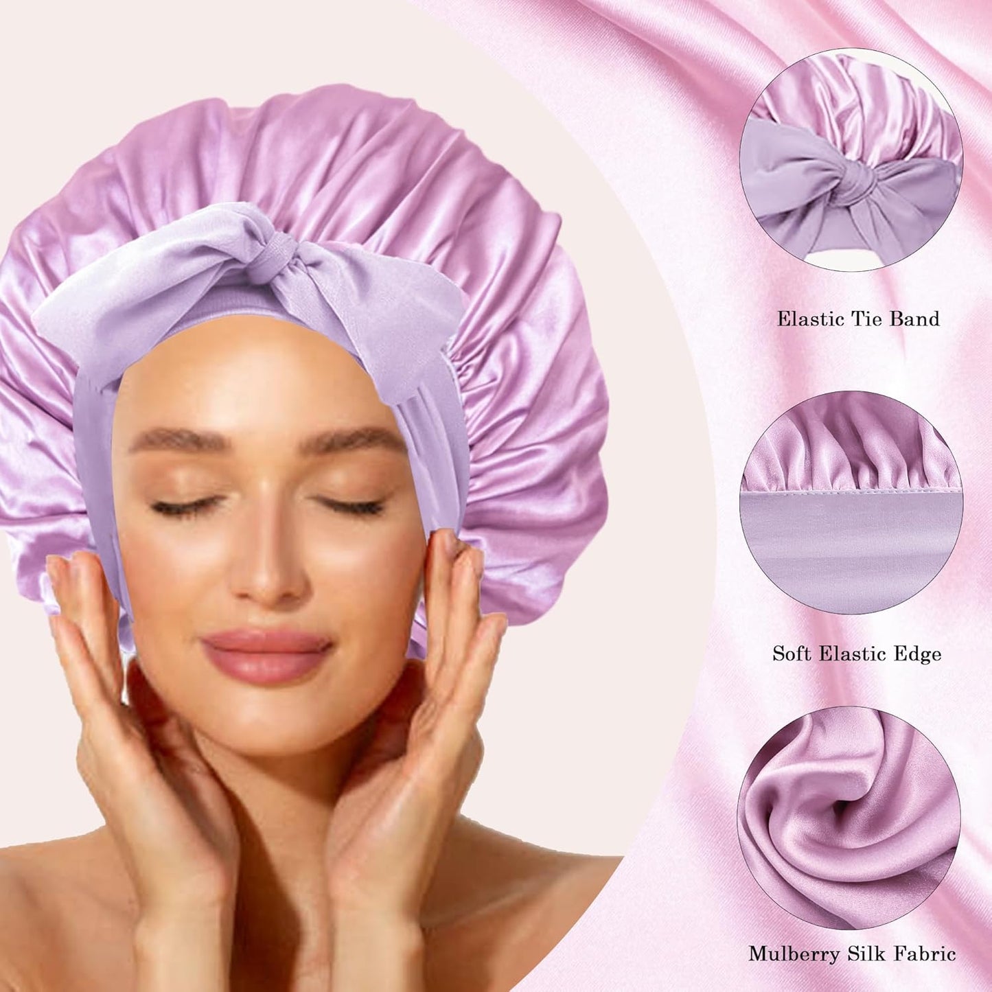Chloven Mulberry Silk Bonnet for Sleeping Women - Larger Double Layer Silk Hair Wrap Bonnet for Curly Long Hair with Tie Band