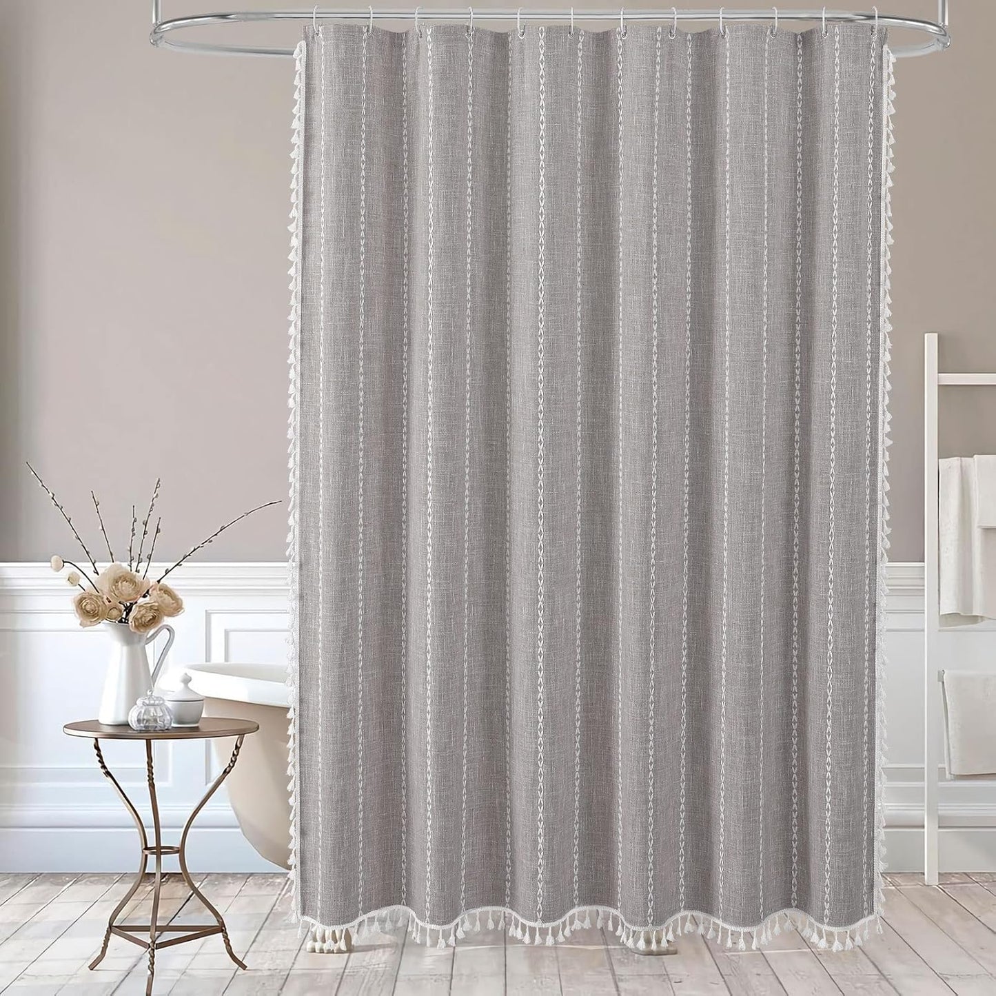 MitoVilla Boho Extra Long Shower Curtain 72 x 96, Grey Modern Farmhouse 96 inch XL Polyester Linen Texture Tassel Fabric Shower Curtain Set with Hooks for Cottagecore Country Bathroom Decor,Grey