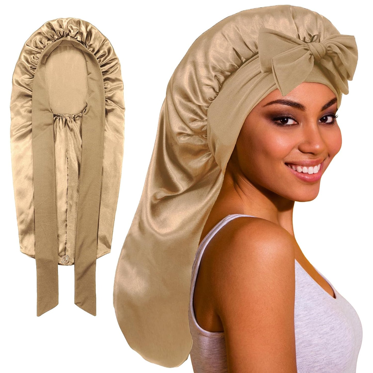 ROYBENS Long Bonnet Satin Hair Silk Bonnet for Sleeping Women, Silky Bonnets for Women with Tie Band, Sleep Cap for Braids Curly Hair