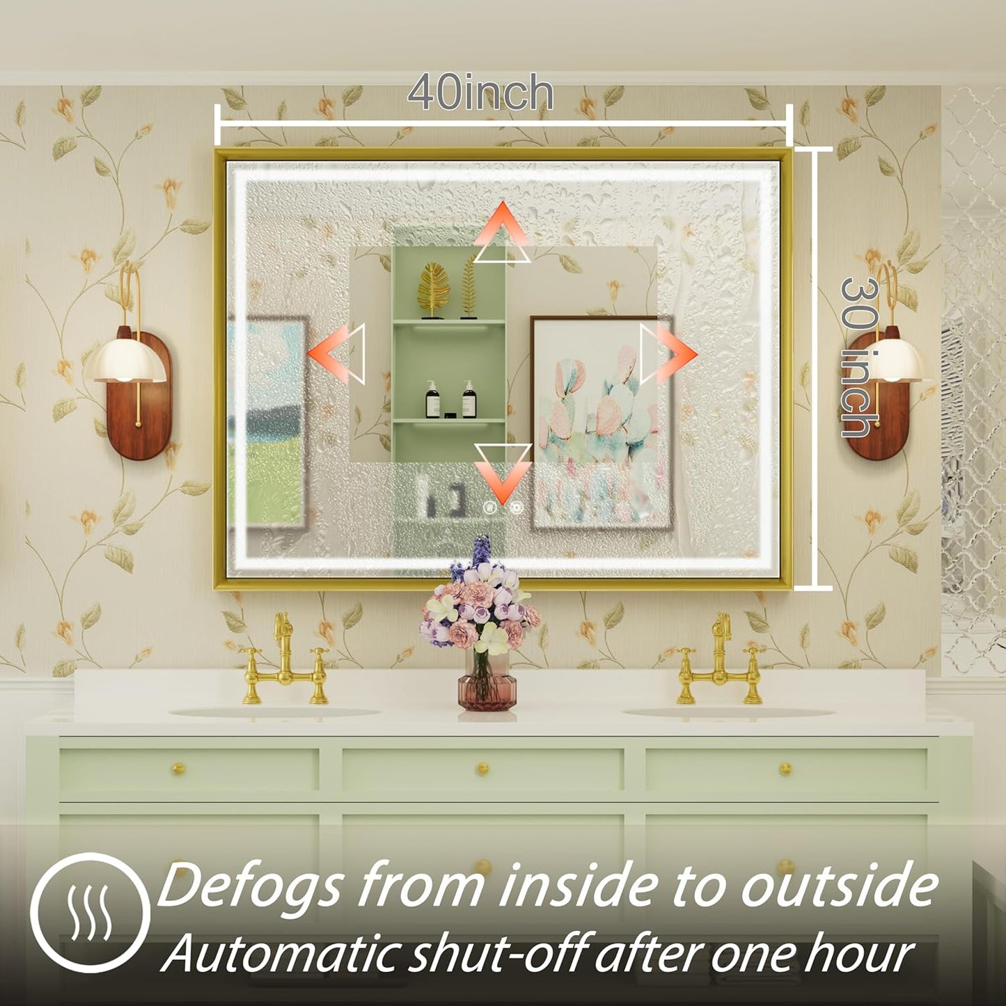 40x30 Inch Gold LED Mirror for Bathroom, 3 Color Temperatures (3000K/4500K/6000K), Anti-Fog, Dimmable Lights, Memory Function, Horizontal/Vertical Wall Mounted