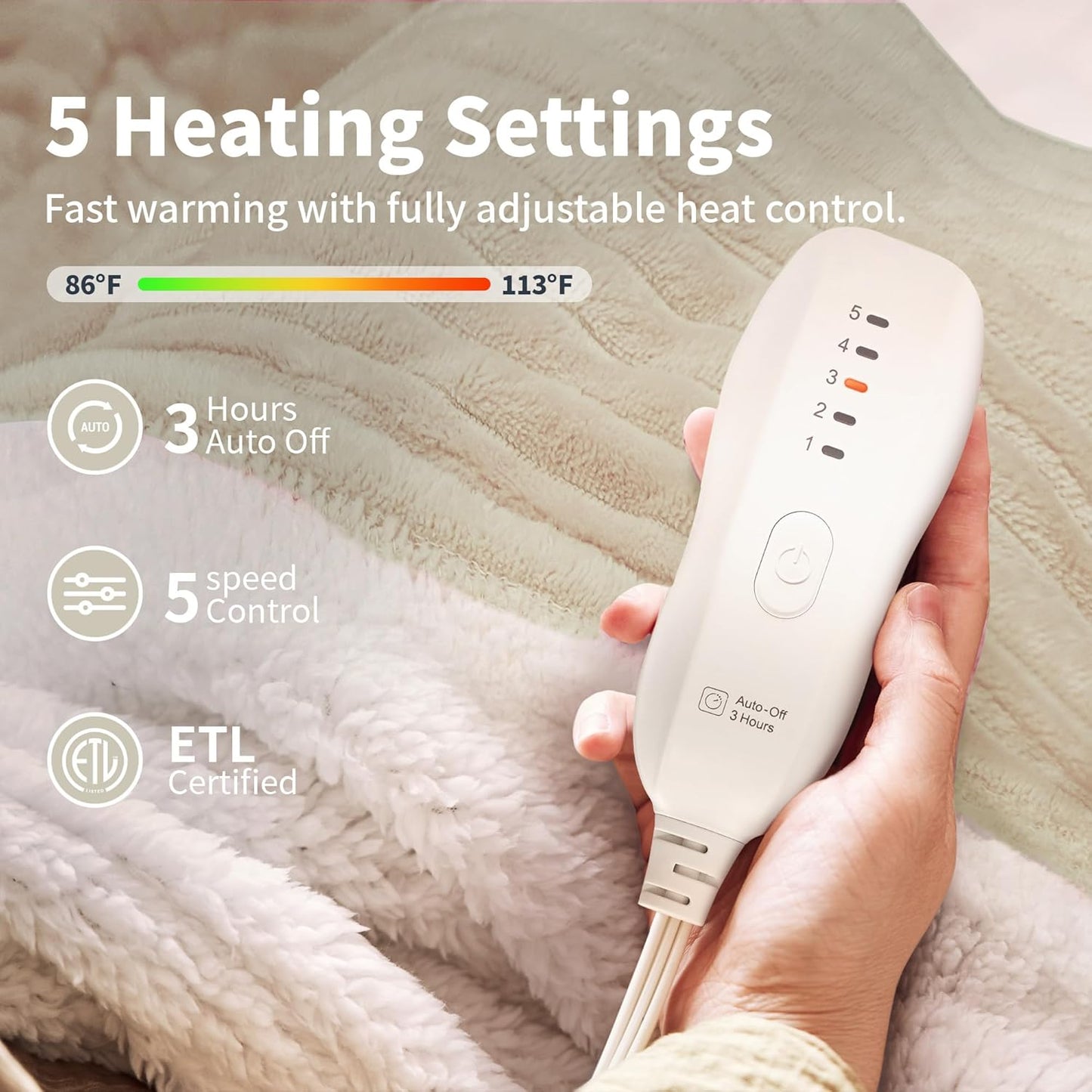 Heated Blanket Electric Throw 50”X60”-Heating Blanket with 5 Heat Settings-3 Hours Auto Off,ETL Certified,Machine Washable (Beige)
