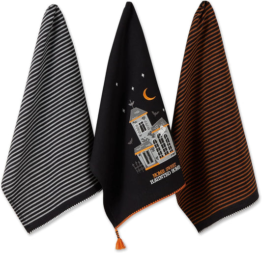 DII Happy Halloween Dishtowel Collection Embellished Cotton Kitchen Hand Towel Set, 18x28, Home Sweet Haunted Home, 3 Count