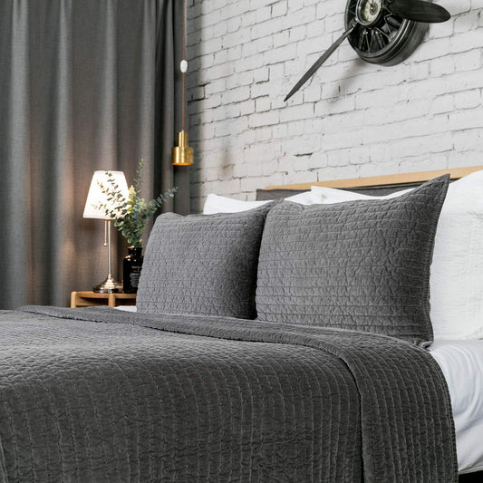ELEGANT LIFE HOME Velvet Quilt Twin Reversible Royal Cotton Velvet Pic-Stitch Bedding Quilt - Twin - 68'' x 90'', Grey