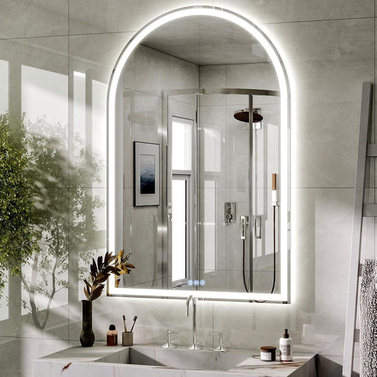 BEAUTYPEAK LED Arch Bathroom Mirrors with Lights, 48x30 Arch Mirror with Metal Frame, Anti-Fog,LED Mirror with Front Light and Backlit, Memory Function for Bathroom, Dressing Room