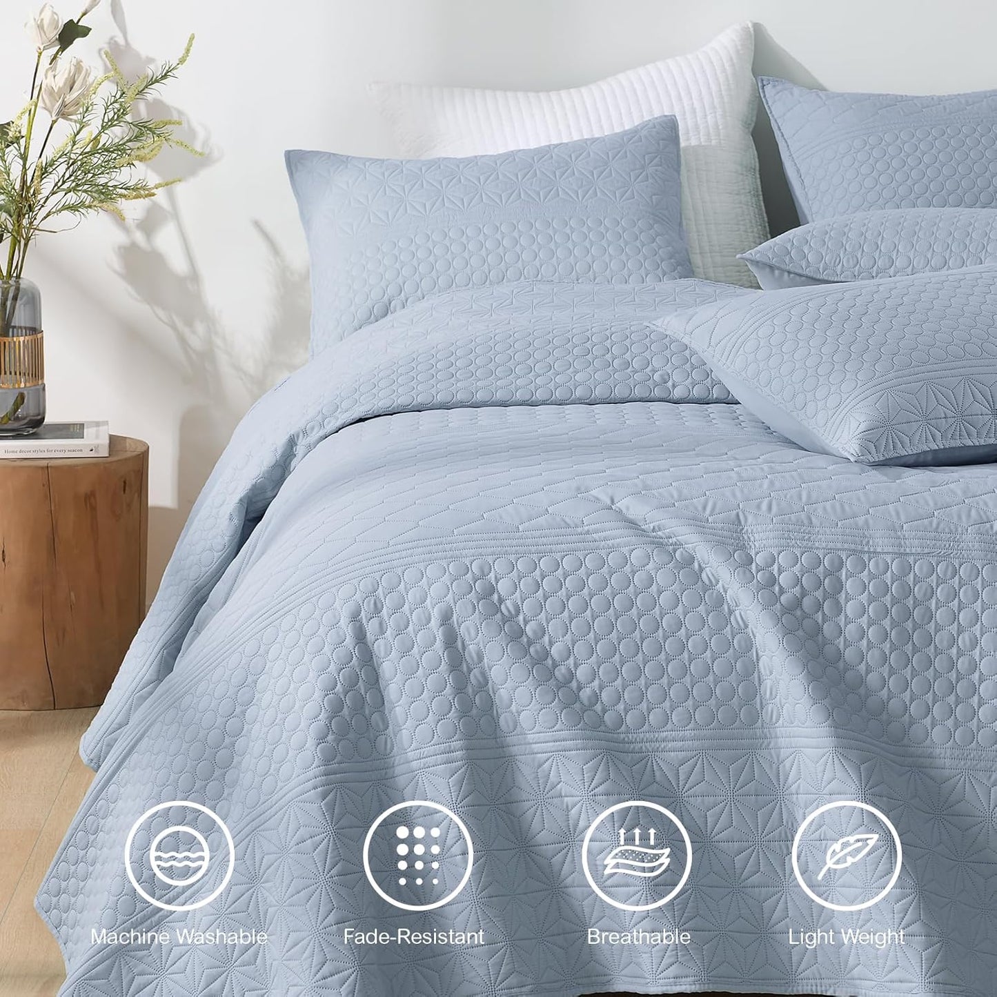 HORIMOTE HOME Light Blue Queen Size Quilt Set - Soft Microfiber Bedspread with 2 Shams, Lightweight & All-Season Geometric Coverlet for Cozy Bedding