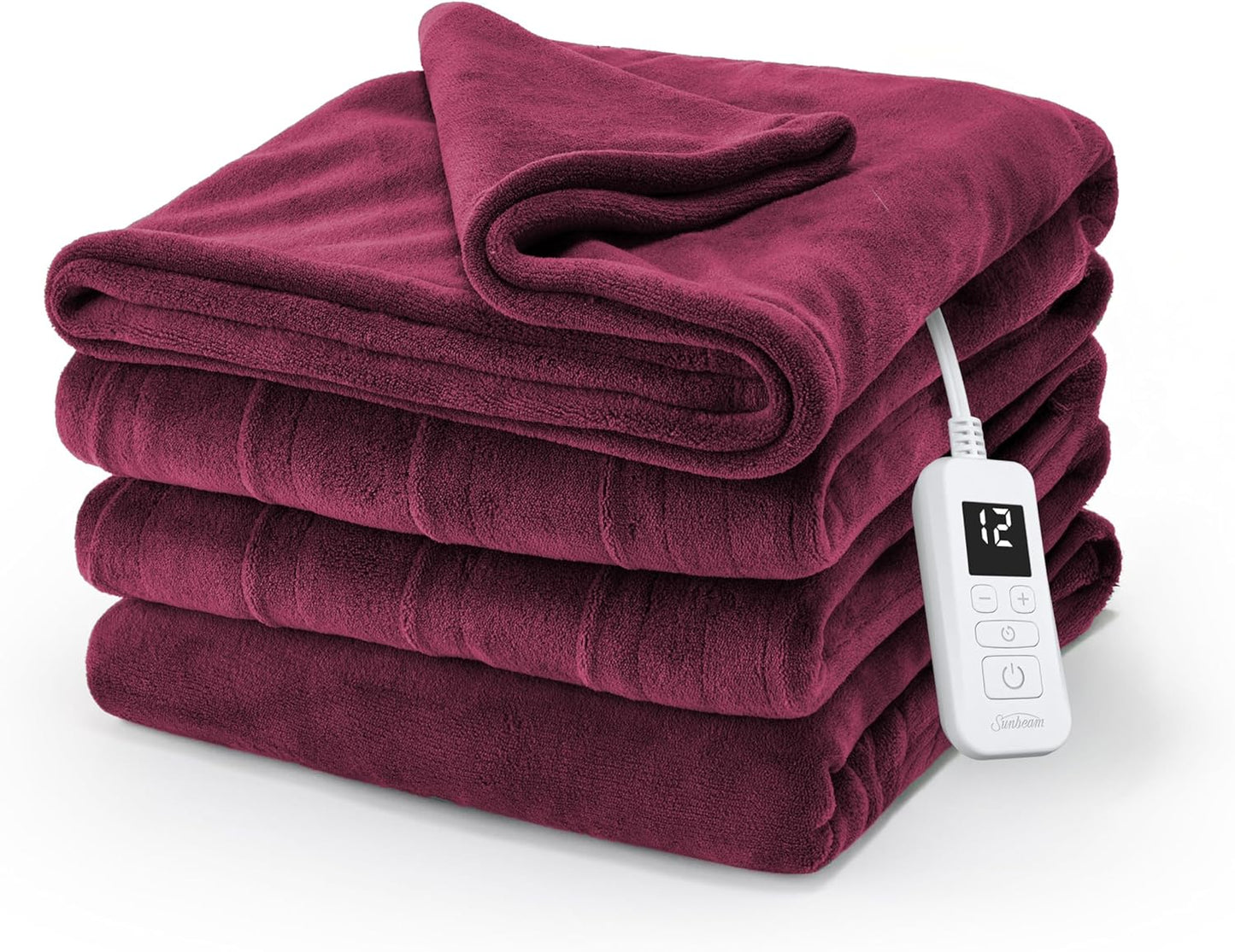 Sunbeam Electric Royal Luxe Microplush Heated Blanket, 12 Heat Settings, 12-Hour Auto Shut-Off, Fast Heating, Warm & Cozy, Machine Washable, Cabernet Color, Full (84" x 72")