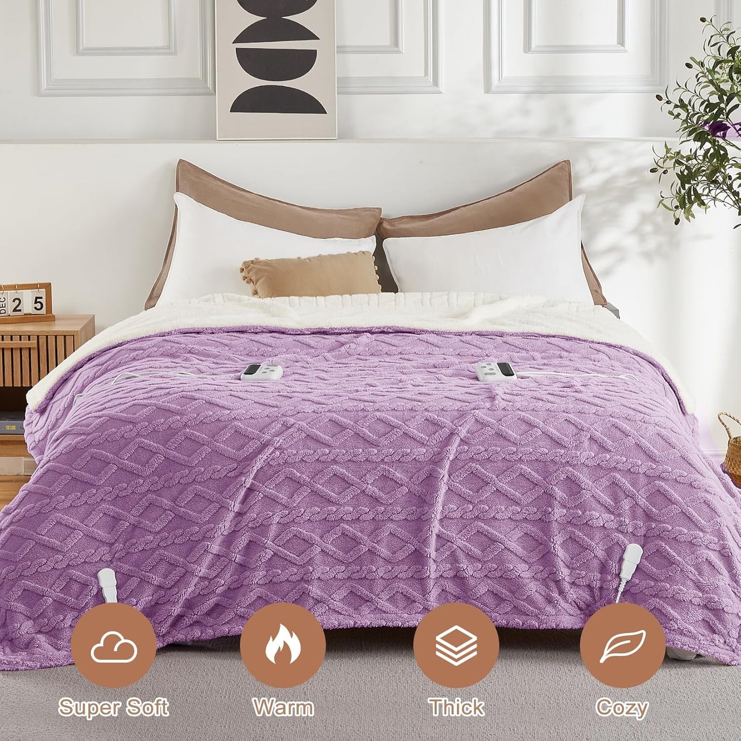 CAROMIO Electric Blanket King Size Dual Control - Thick Tufted Sherpa Heated Blanket King with 10 Heating Levels and 10 Time Settings, ETL Certified Fast Heating Blanket King Size 90"×100", Purple