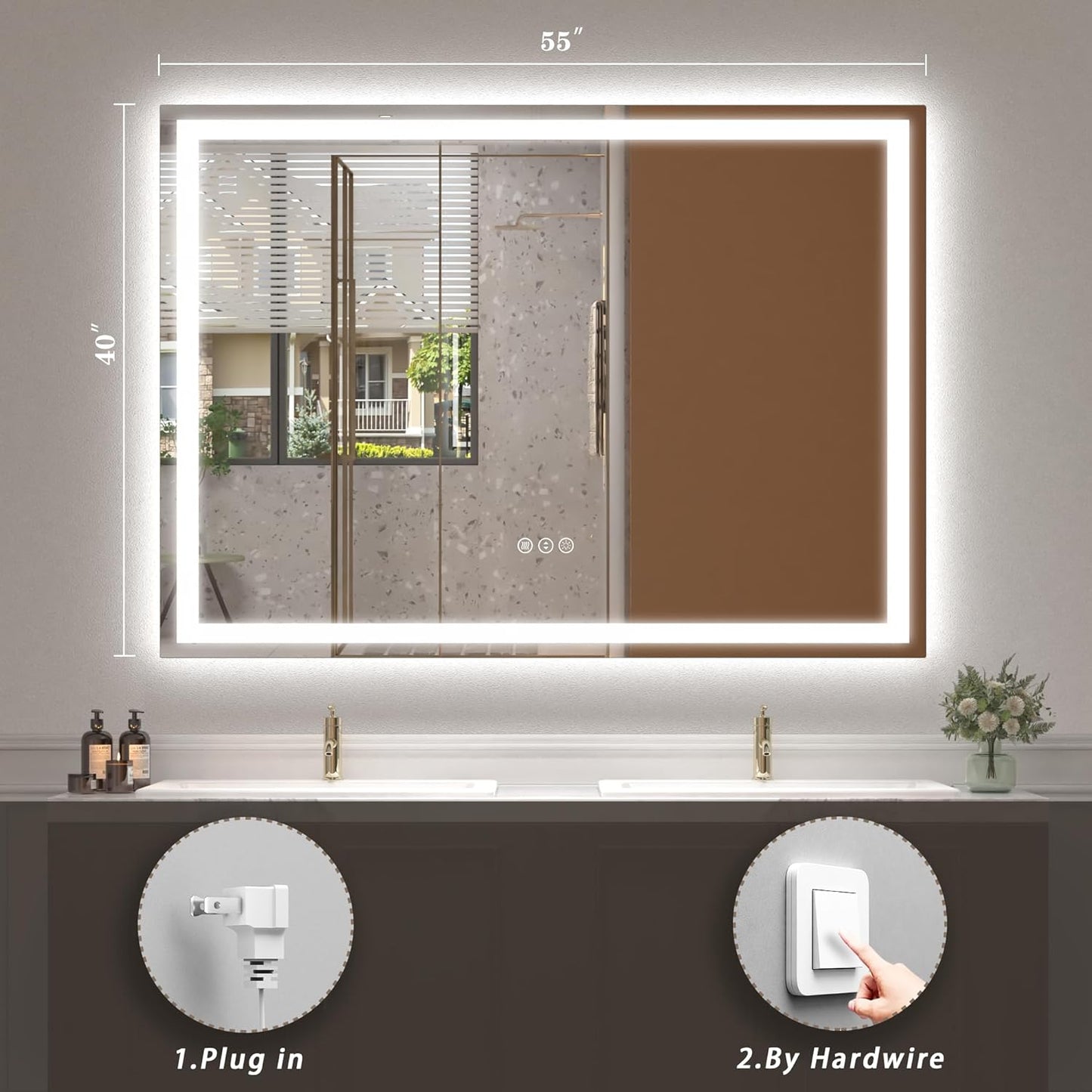 55x40 inch Large LED Mirror for Bathroom, Lighted Vanity Mirror for Wall, Dimmable, Anti-Fog, Shatter-Proof, ETL Listed (Front Lights + Backlit)