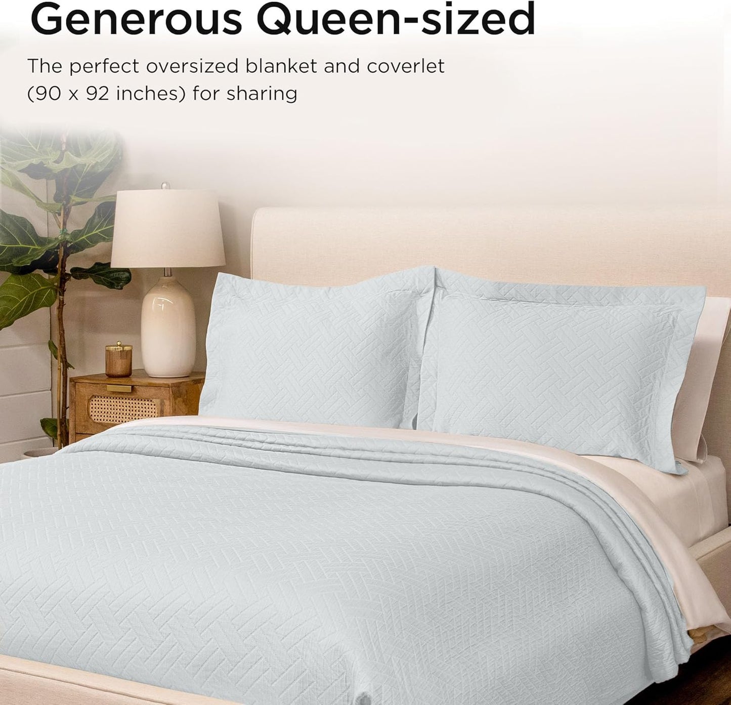 Threadmill Luxury Cotton Blankets for Queen Size Bed |All-Season 100% Cotton Queen Size Blanket | Criss Cross Jacquard Cozy Lightweight, Soft Breathable Coverlet fits Full Size Bed, 90x92 | Light Blue