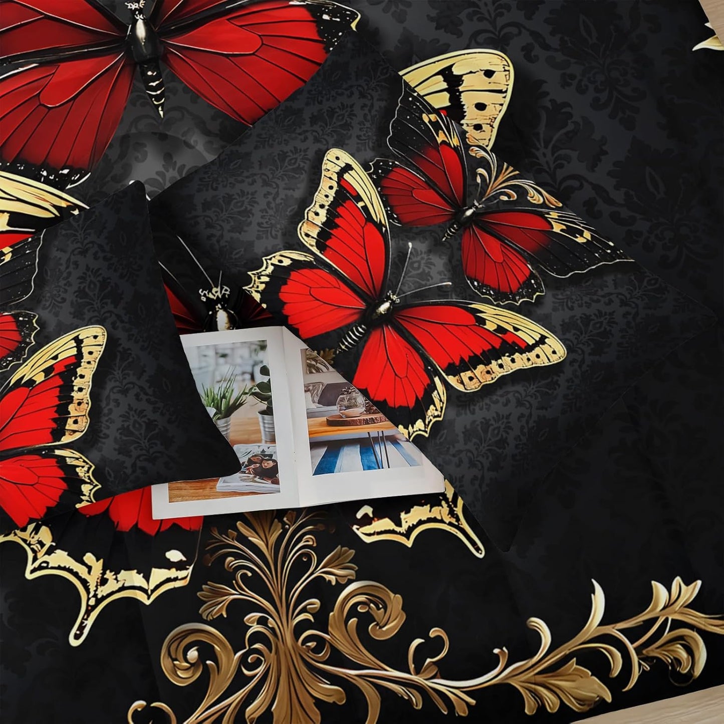 Red and Gold Butterfly Comforter Sets King Size Bed Set，Gothic King Size Bedding Set，with 1 Comforter with 2 Pillow Case，Butterfly Themed Bedroom Decor