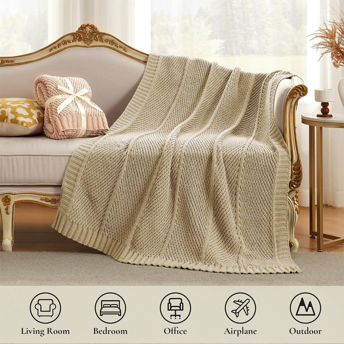 Amélie Home Chevron Chenille Knit Throw Blanket for Couch, Cozy Texture Decorative Soft Blanket for Sofa & Chair, 50"x60", Beige