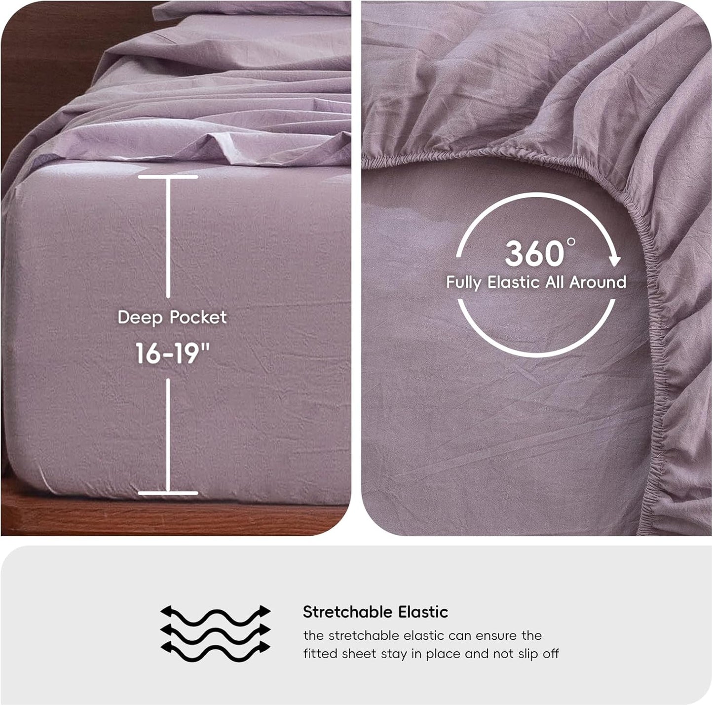 MooMee Bedding Sheet Set 100% Washed Cotton Linen Like Textured Breathable Durable Soft Comfy (Heathered Light Purple, Full)