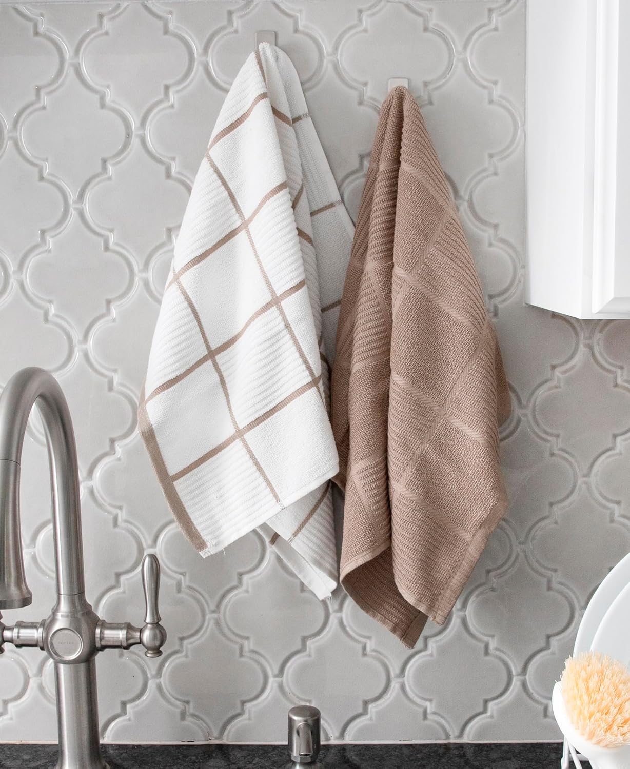 T-Fal Solid & Checked Parquet Kitchen Towels: Highly Absorbent, Super Soft Long Lasting - 100% Cotton, 16"x26" Dish Towels for Cleaning & Drying Dishes, Pans, Glassware, Countertops, 6-Pack, Sand