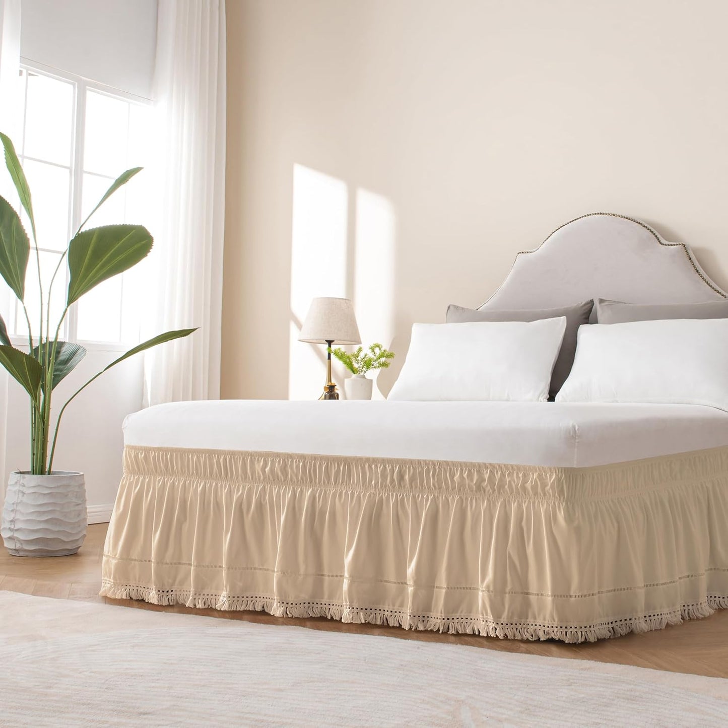 MIYE Wrap Around Ruffled Lace Bed Skirt, Elastic Dust Ruffle with Adjustable Belts, Easy to Put On, Bed Frame Cover, Machine Washable (Tassel Ruffle/Beige, Full/Twin-15 Drop)