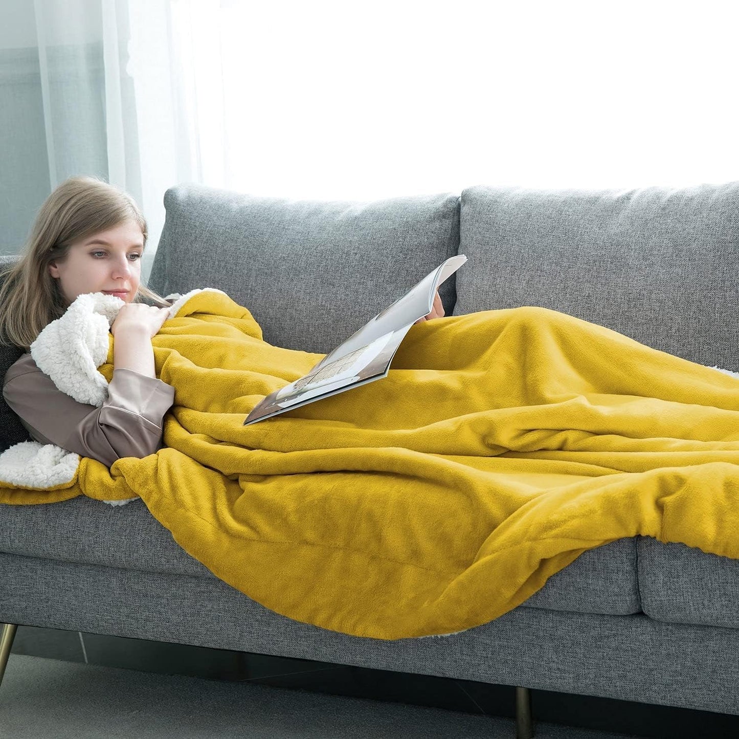 IR Imperial Rooms Gold Sherpa Fleece Throw Blanket for Couch - Soft and Fuzzy Blanket for Winter - Reversible Thick and Warm Fluffy Throw Blankets for Bed, Sofa & Travel, Yellow, 50x60 Inches