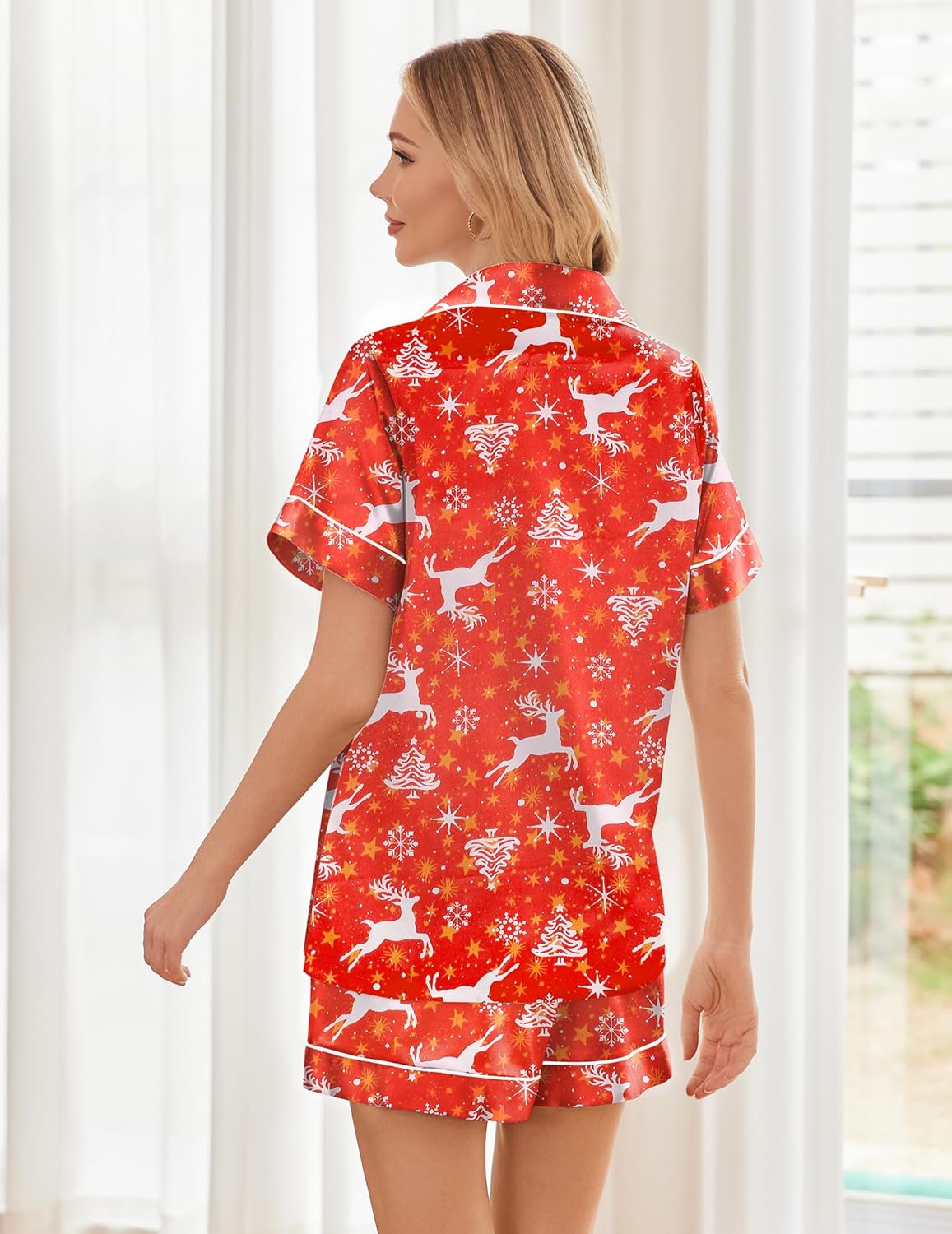 Ekouaer Womens Silk Satin Pajama Sets Soft Short Sleeve Button Down Sleepwear Top and Shorts 2 Piece Pjs Lounge Set