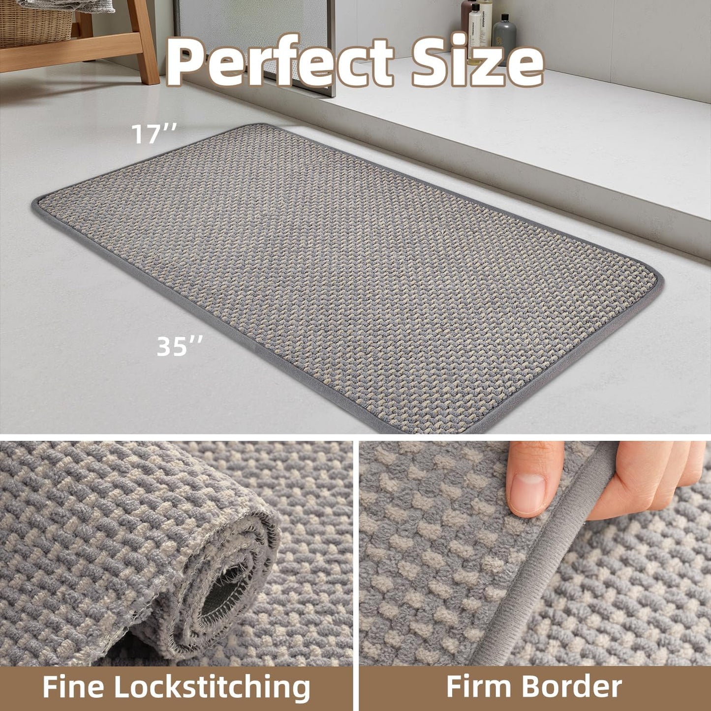 PADOOR-Bath Mat-Super Absorbent Chenille Bathroom Mats-Rubber Backed Bath Mats for Bathroom Non Slip, Easy Clean Bathroom Rugs Front of Bathtub,Shower Room,Sink-17×35, Grey&Beige