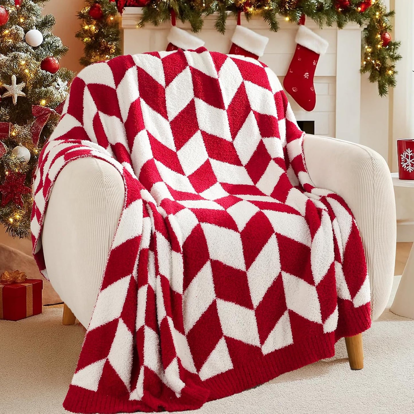 Snuggle Sac Chevron Red Throw Blanket for Couch, Super Soft Christmas Blankets Cozy Knit Fuzzy Plush Lightweight Throws for Sofa, Bed, Red,50x60 inches
