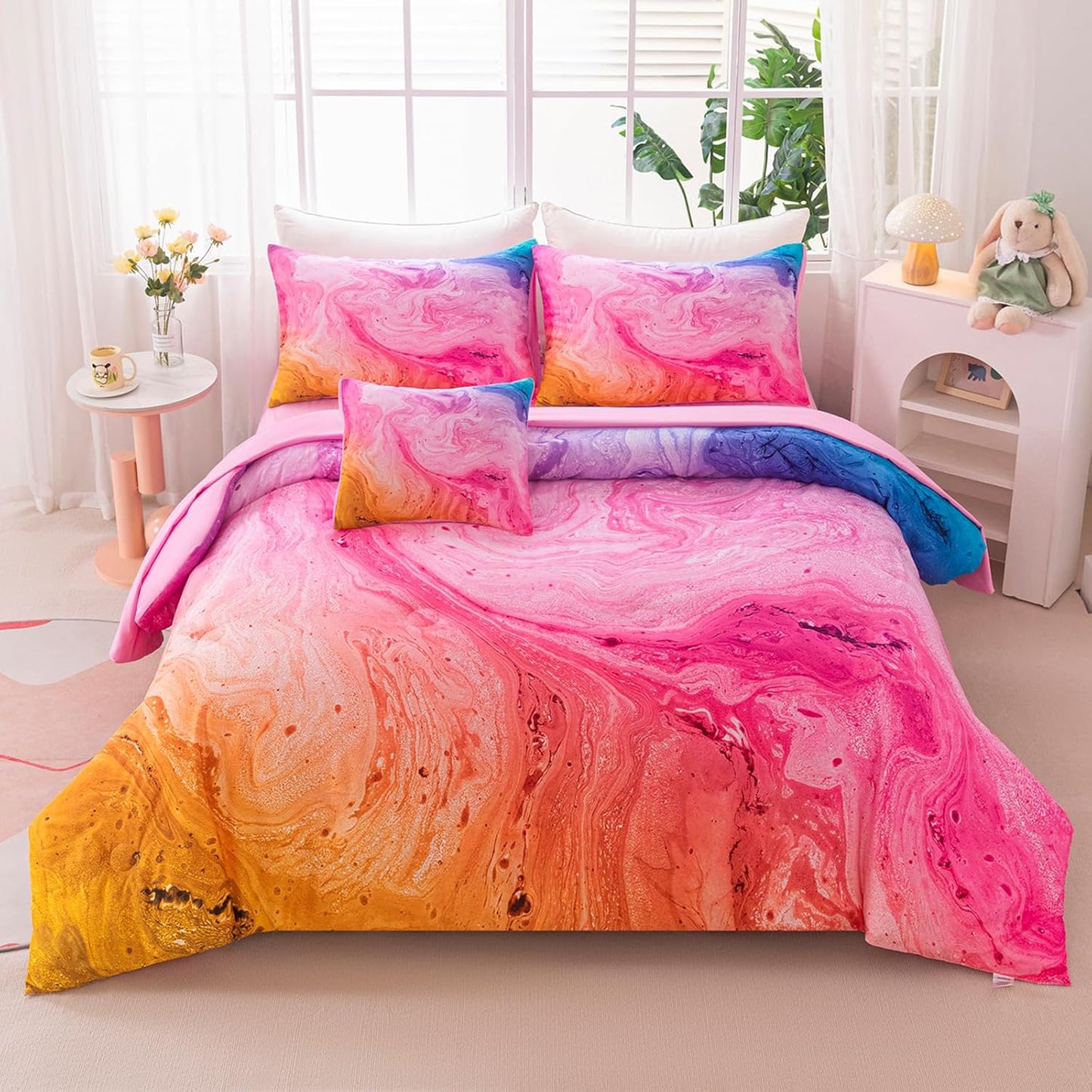 6Pcs Girls Comforter Sets Queen for Girls Kids, Tie Dye Colorful Watercolor Marble Bedding Set Queen, Soft & BreathableBed in A Bag for Gift Bedroom Decor