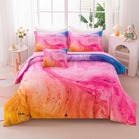 6Pcs Tie Dye Twin Comforter Set for Girls Kids, Watercolor Marble Abstract Art Pink Bedding Sets Twin Bed in A Bag (1 Comforter, 1 Flat Sheet, 1 Fitted Sheet, 1 Cushion Cover, 2 Pillowcases)