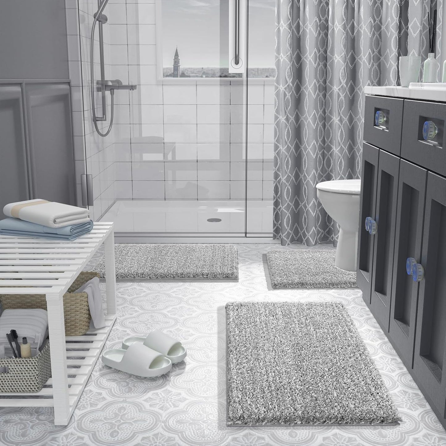 Yimobra Bathroom Rugs Non Slip Washable 32x20, Ultra Soft and Water Absorbent Bath Mats, Plush Fluffy Shower Mat Outside, Microfiber Thick Matts for Bathroom Floor/Tub, Light Gray and White