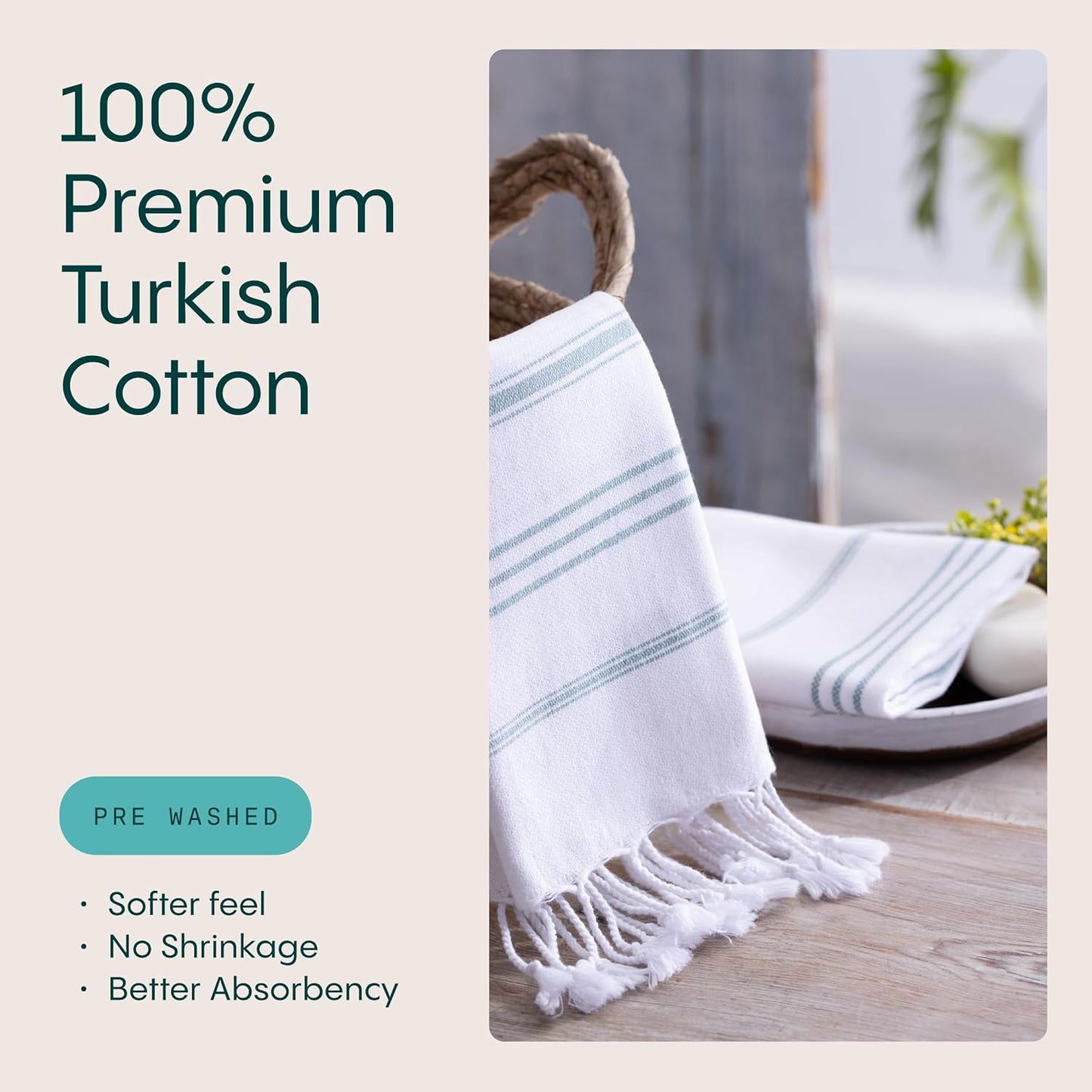 WETCAT Turkish Hand Towels with Hanging Loop, Set of 2 (20" x 30") 100% Turkish Cotton, Pre-Washed, Quick Drying, for Kitchen or Bathroom - Teal & White