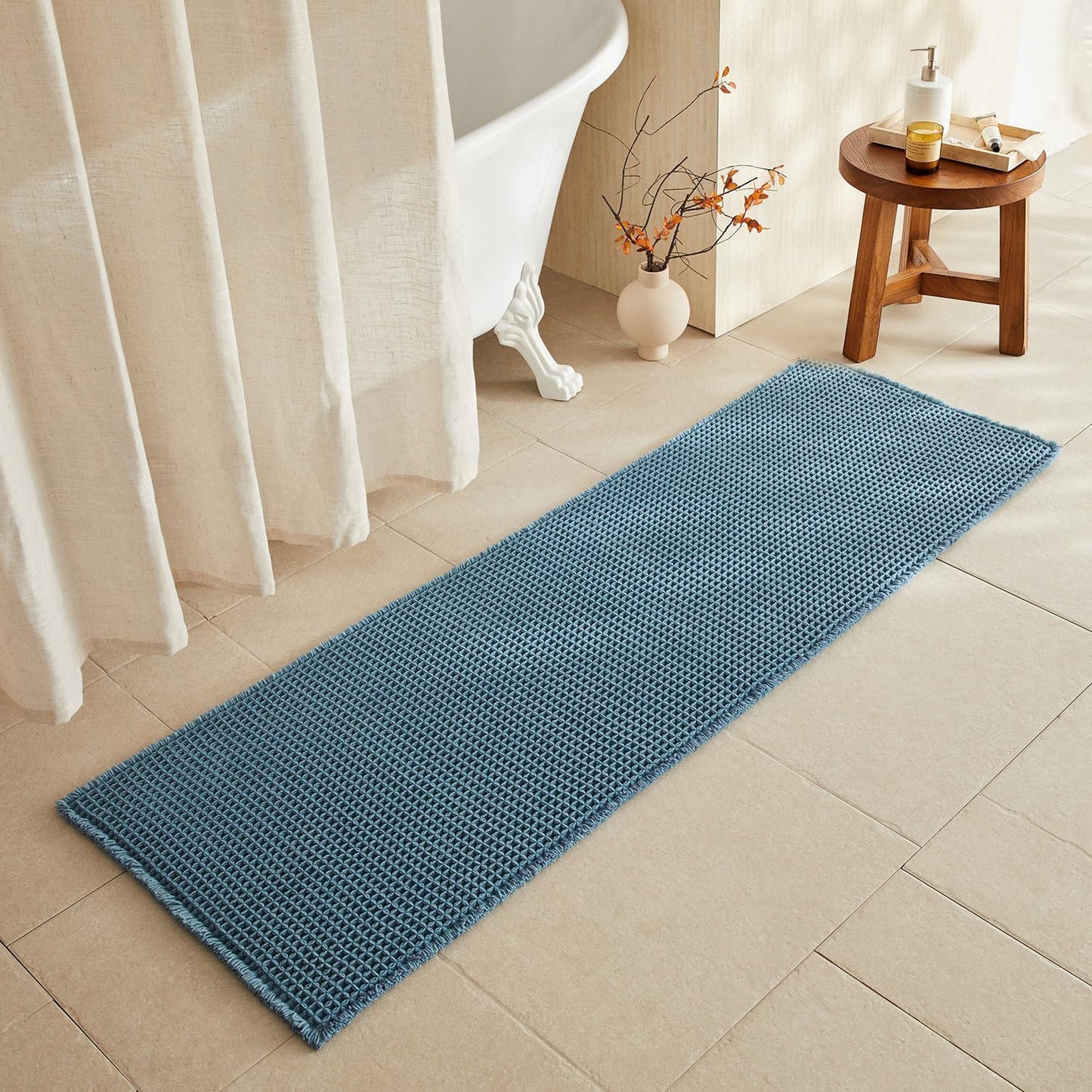 Waffle Runner Rug Bathroom, Long Boho Bathroom Rugs Non Slip Washable Super Absorbent Quick Dry Farmhouse Bath Decor, 72"x24" Denim Blue