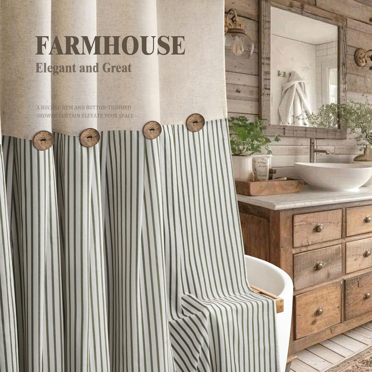 Farmhouse Shower Curtain Linen Button Woven Fabric Country Rustic Western, Pleated Green Stripe 72" W x 72" L