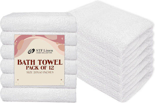 (Pack of 12 White Bath Towels Bulk 20x40 Inches -100% Cotton Economy Cheap Bath Towels for Commercial Uses, Gym, Salon, Spa & Hair - Quick Drying -Bath Towel Sets Bulk