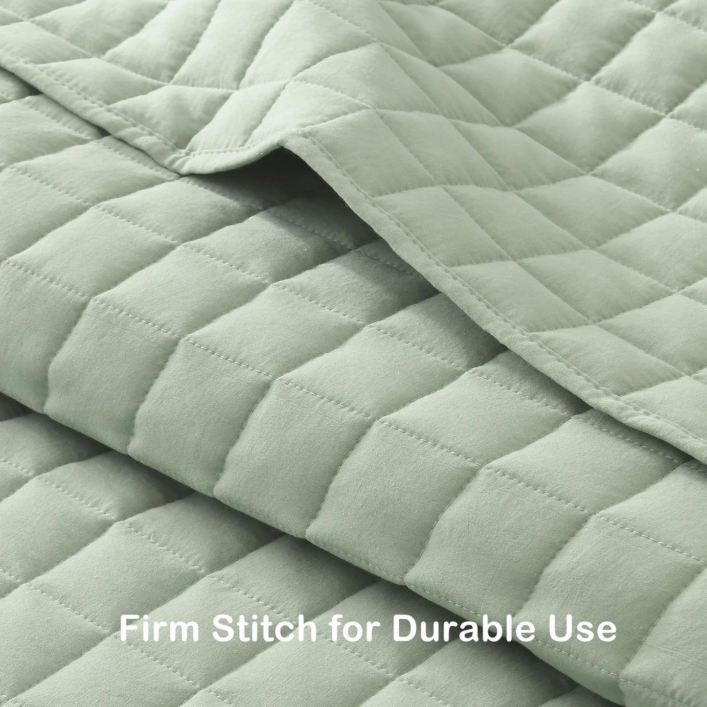 HORIMOTE HOME Asakusa Green Ruffled Quilt Set Queen Size, Geometric Square Stitched Pattern, Pre-Washed Farmhouse Shabby Chic Microfiber Lightweight Bedding Set Bedspread Coverlet for All Season