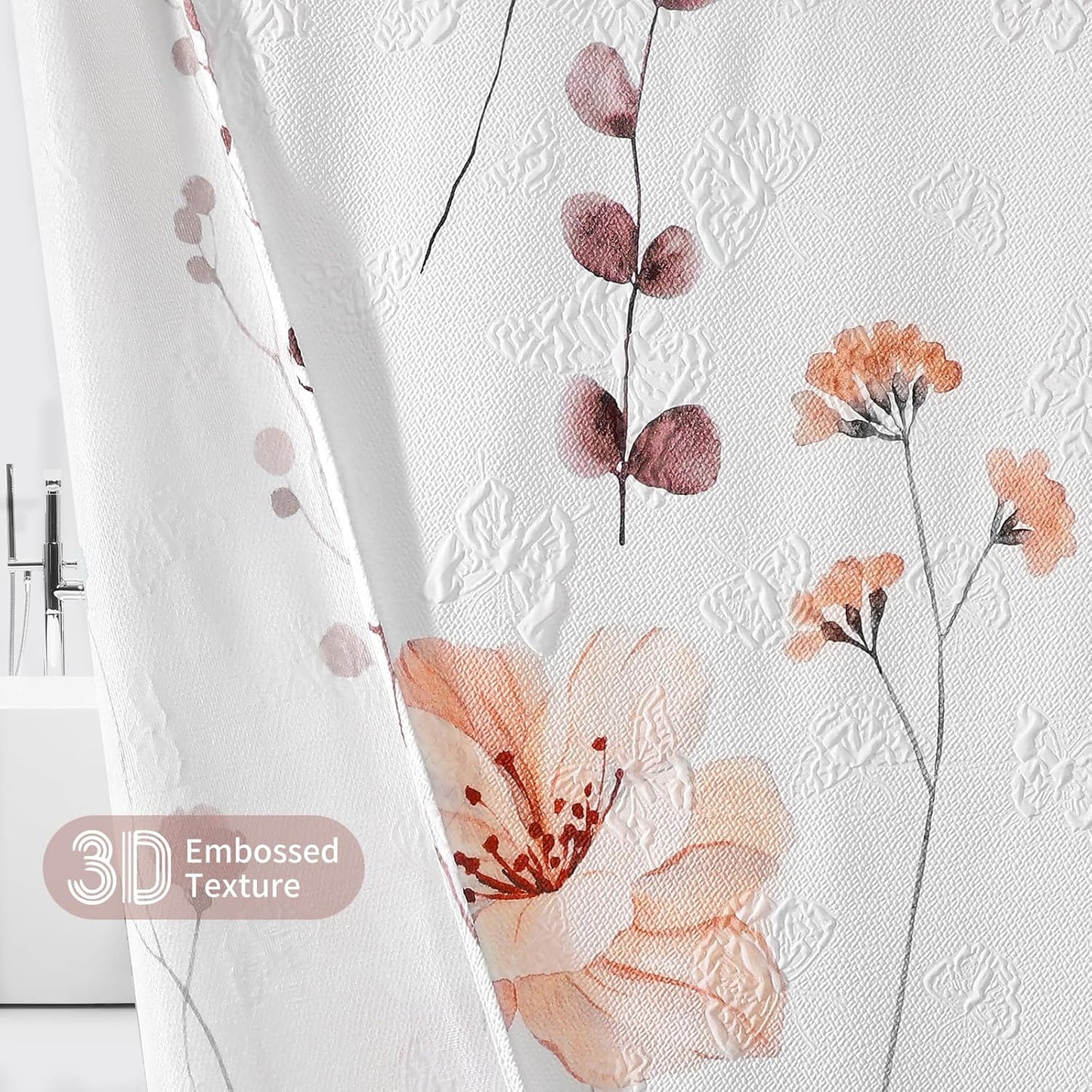 QiyI Watercolor Floral Shower Curtain, 3D Embossed Butterflies Pink Brown Flower Bathroom Curtain, Minimalist White Cloth Bath Curtain, Waterproof Fabric Textured Shower Curtain Set with Hooks, 72x72
