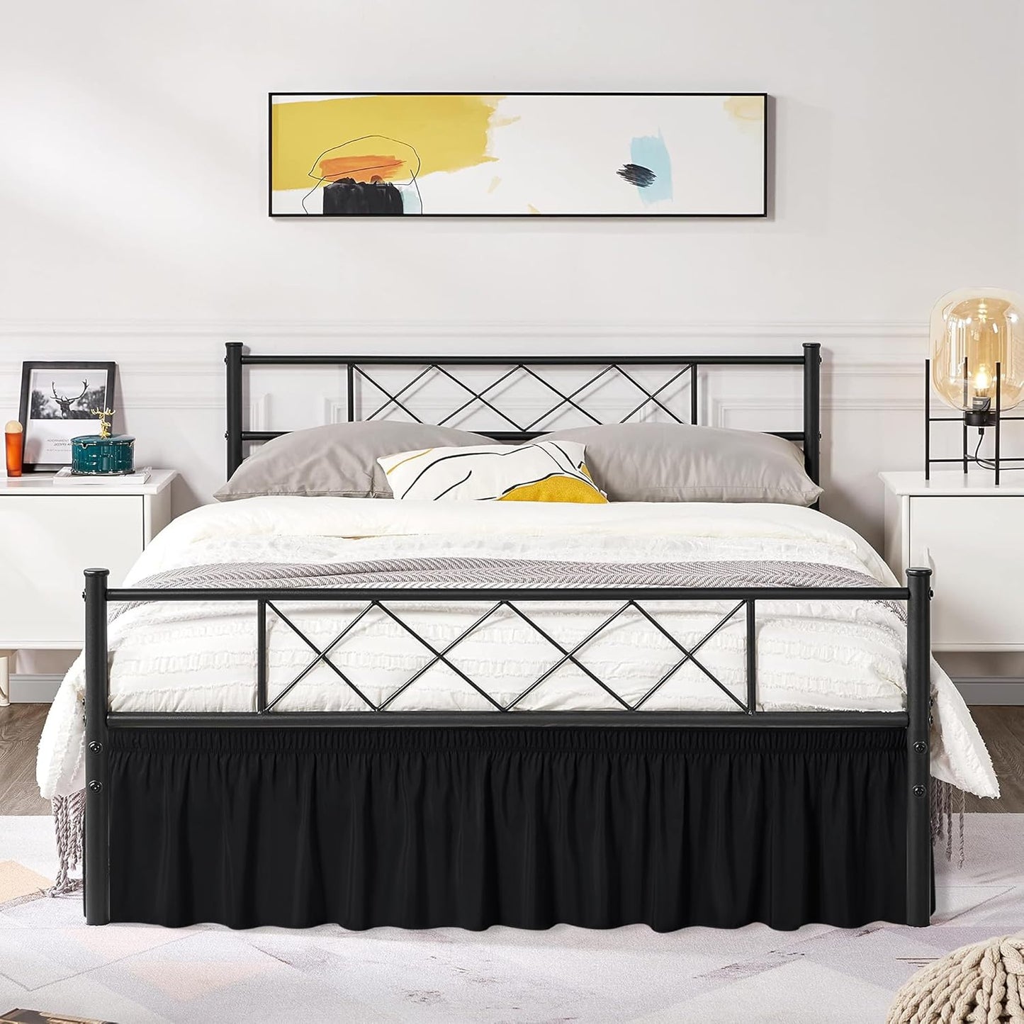 Biscaynebay Wrap Around Bed Skirts with Split Corners for Full Beds 14" Drop, Black Elastic Dust Ruffles Adjustable Easy Fit Wrinkle & Fade Resistant Silky Luxurious Fabric Machine Washable