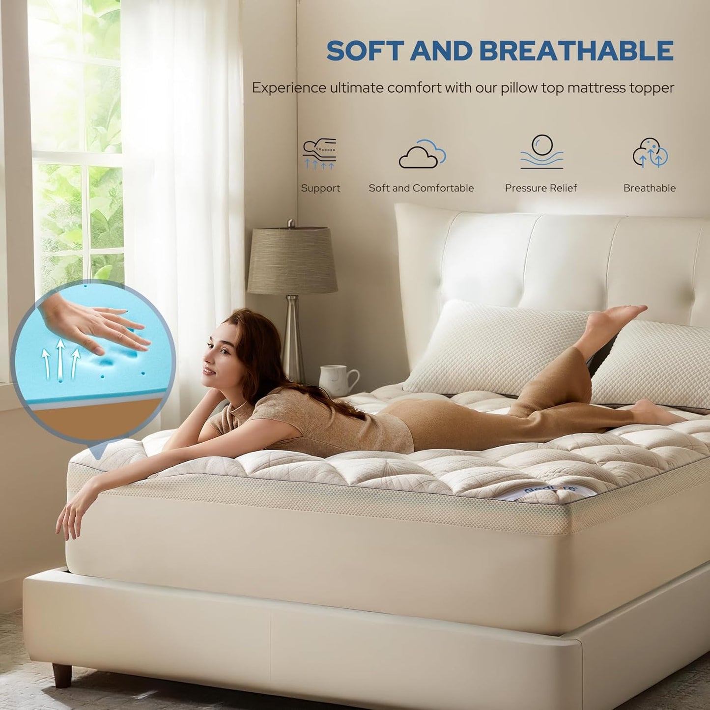 Bedlore 4-Inch Queen Mattress Topper for Back Pain - Dual Layer Medium Support (2" Gel Memory Foam + 2" Cooling Fluffy Pillow Top Pad), Breathable & Pressure Relief (Beige)