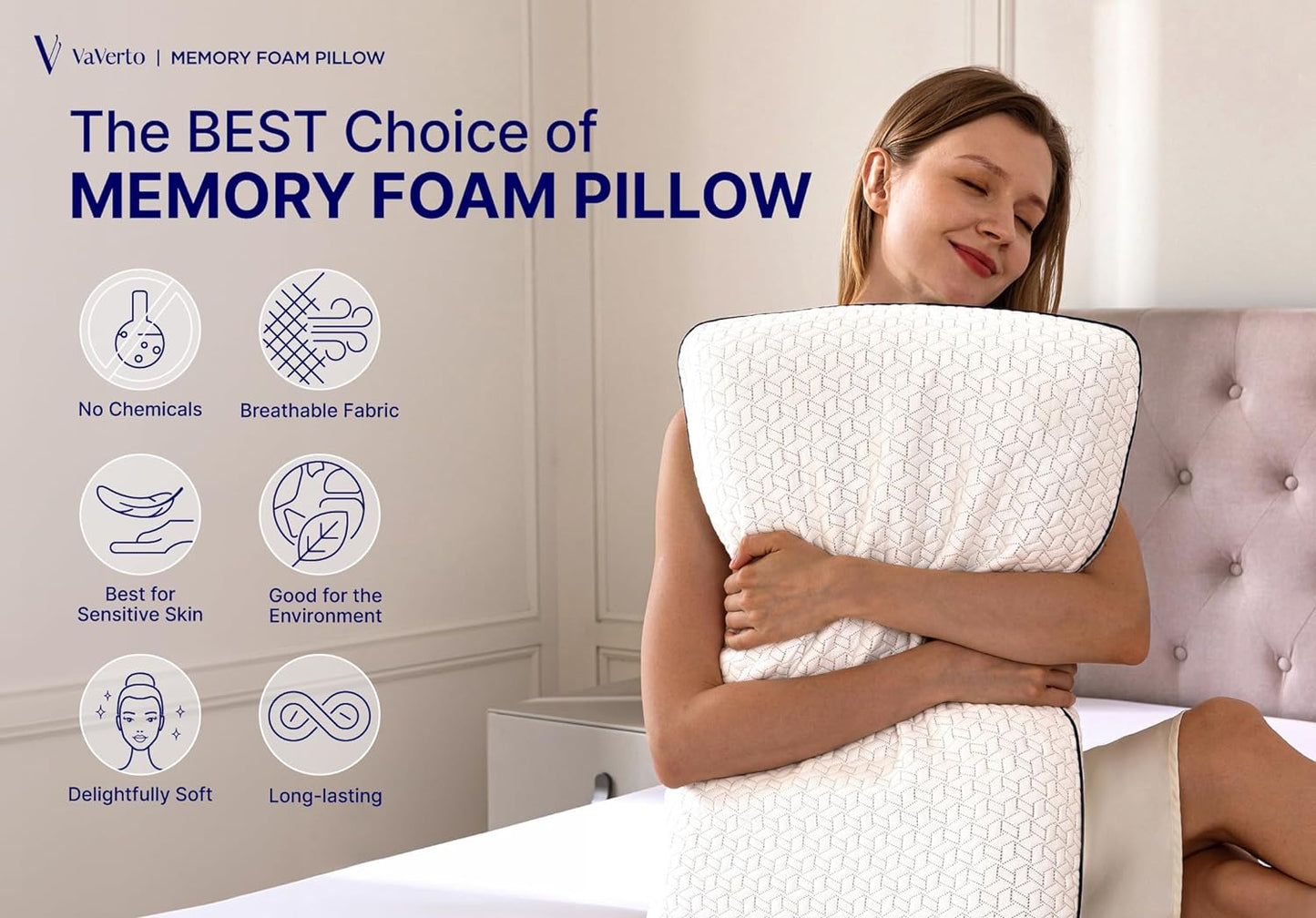 Vaverto Queen Memory Foam Pillow 2-Pack – Cooling Gel-Infused Orthopedic Bed Pillows for Neck and Shoulder Pain Relief, Firm Support Design with Removable Viscose Made from Bamboo Covers – Set of 2