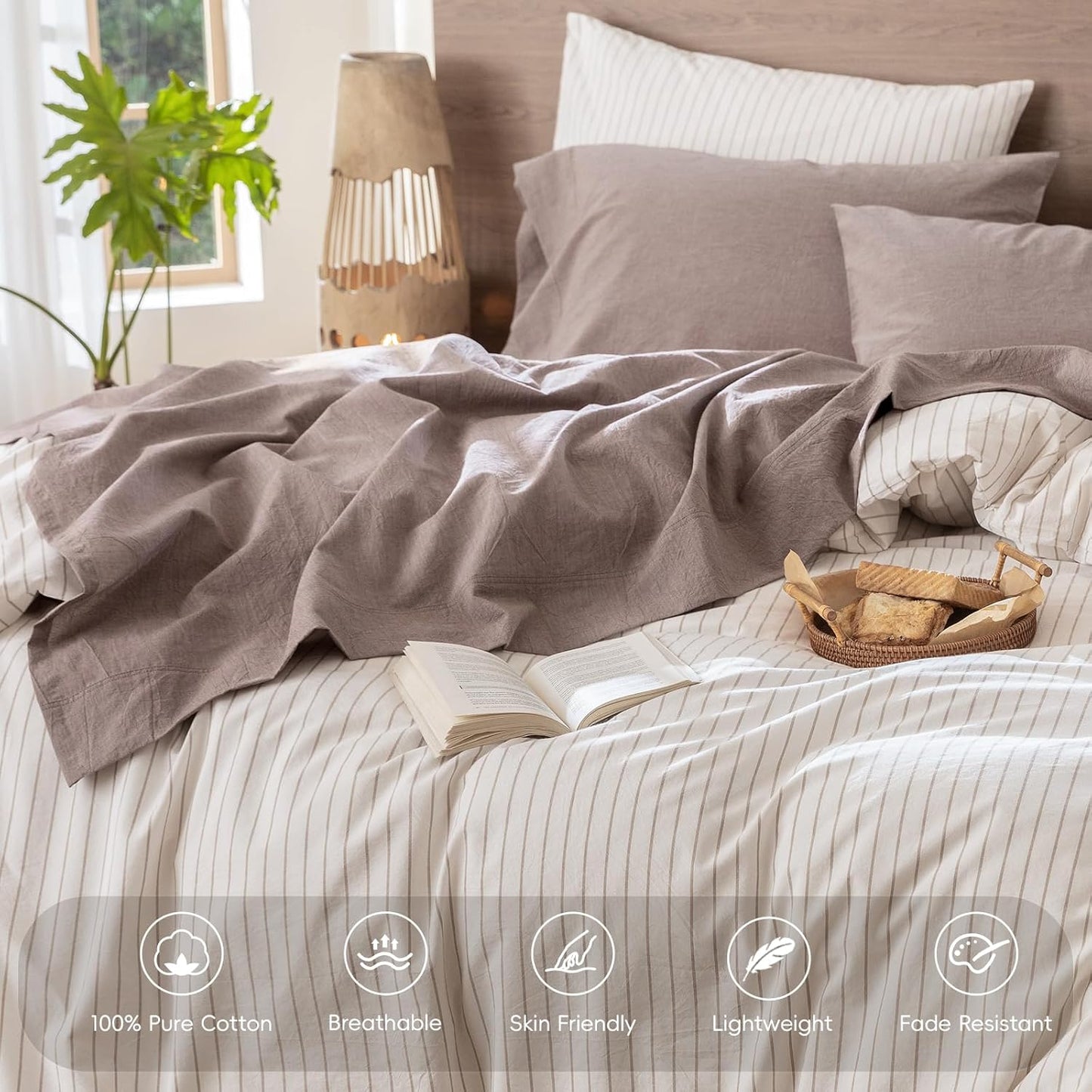 MooMee Bedding Sheet Set 100% Washed Cotton Linen Like Textured Breathable Durable Soft Comfy (Heathered Mauve Brown, California King)