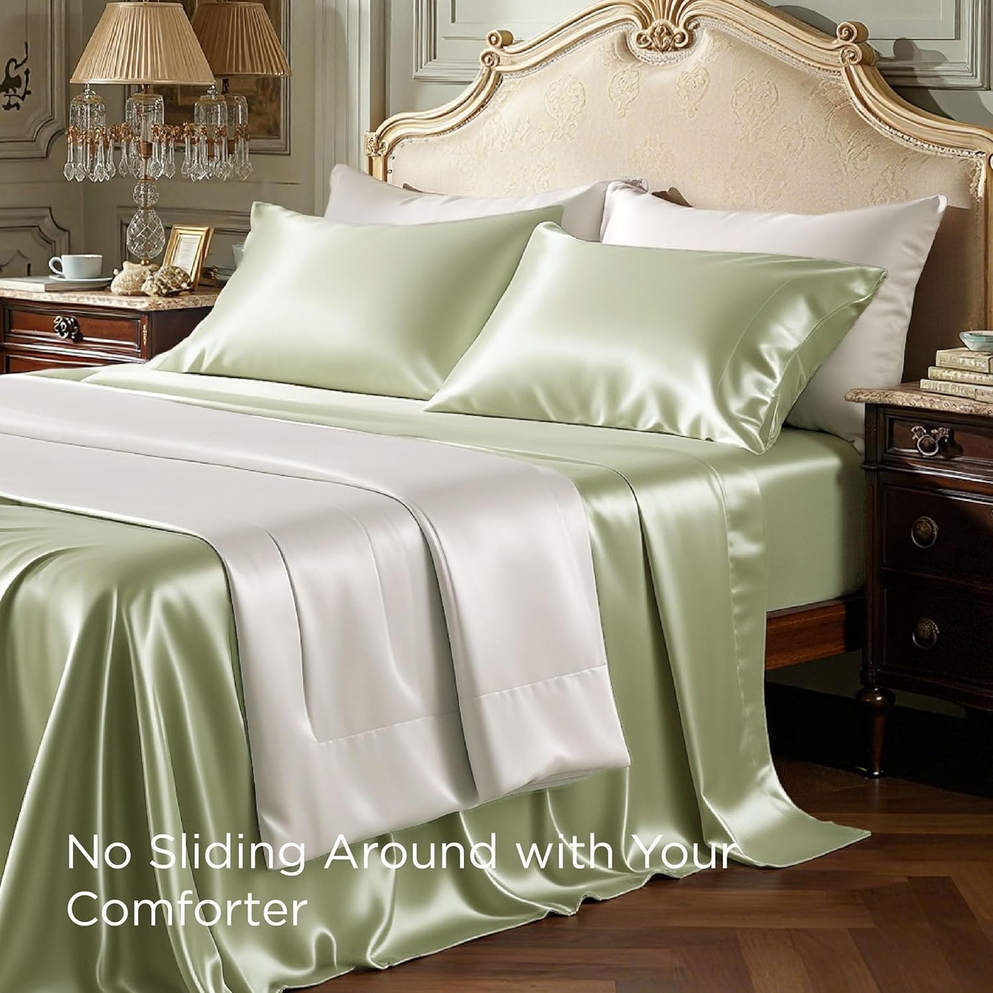 Bedsure Satin Sheets King Size - 4 Piece Silky Bedsheets with Elastic Corner Straps and 15 Inches Deep Pocket Fitted Bedsheet,1 Flat Sheet, 2 Satin Pillowcases, Good for Hair & Skin (King, Sage Green)