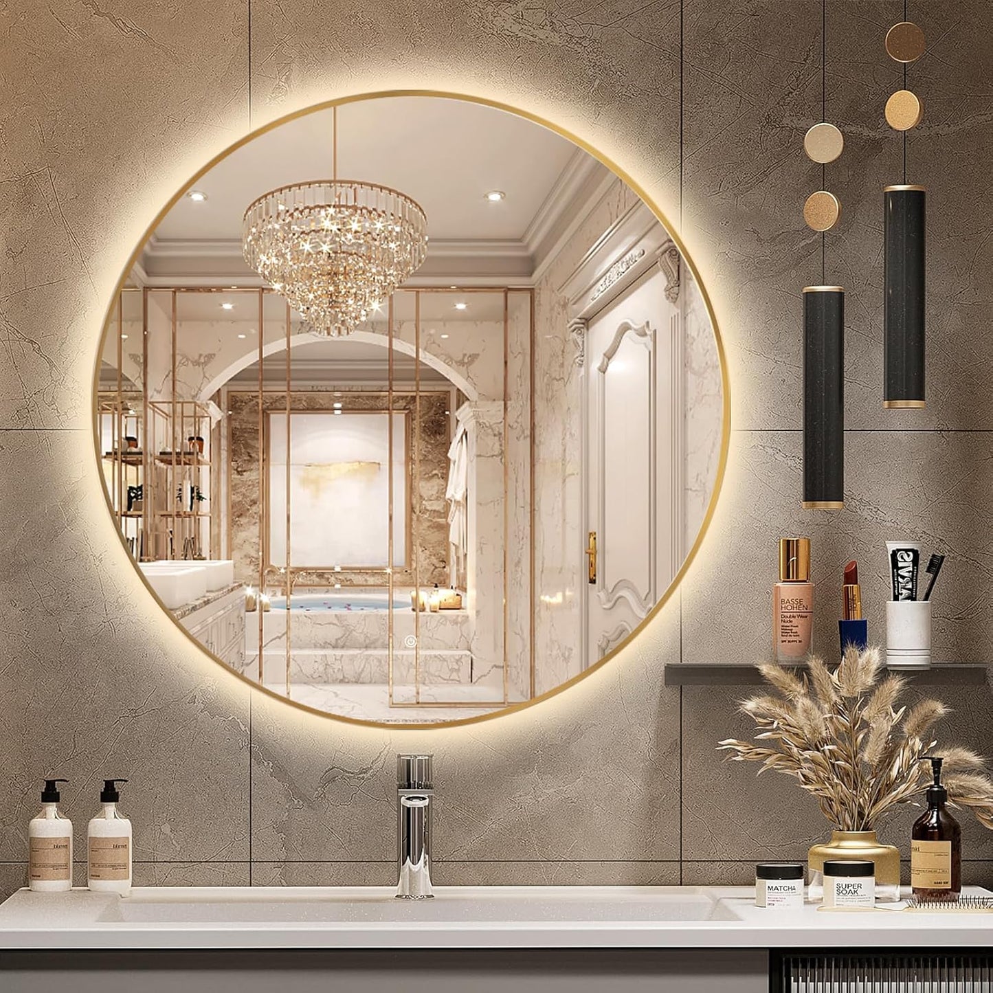 Niccy 32" LED Backlit Round Mirror for Bathroom, Gold Framed Vanity Light Wall Mirror LED Smart Circle Mirrors with 3 Lighting Colors, Dimmable Lighted Mirror with Anti-Fog, IP65 Waterproof