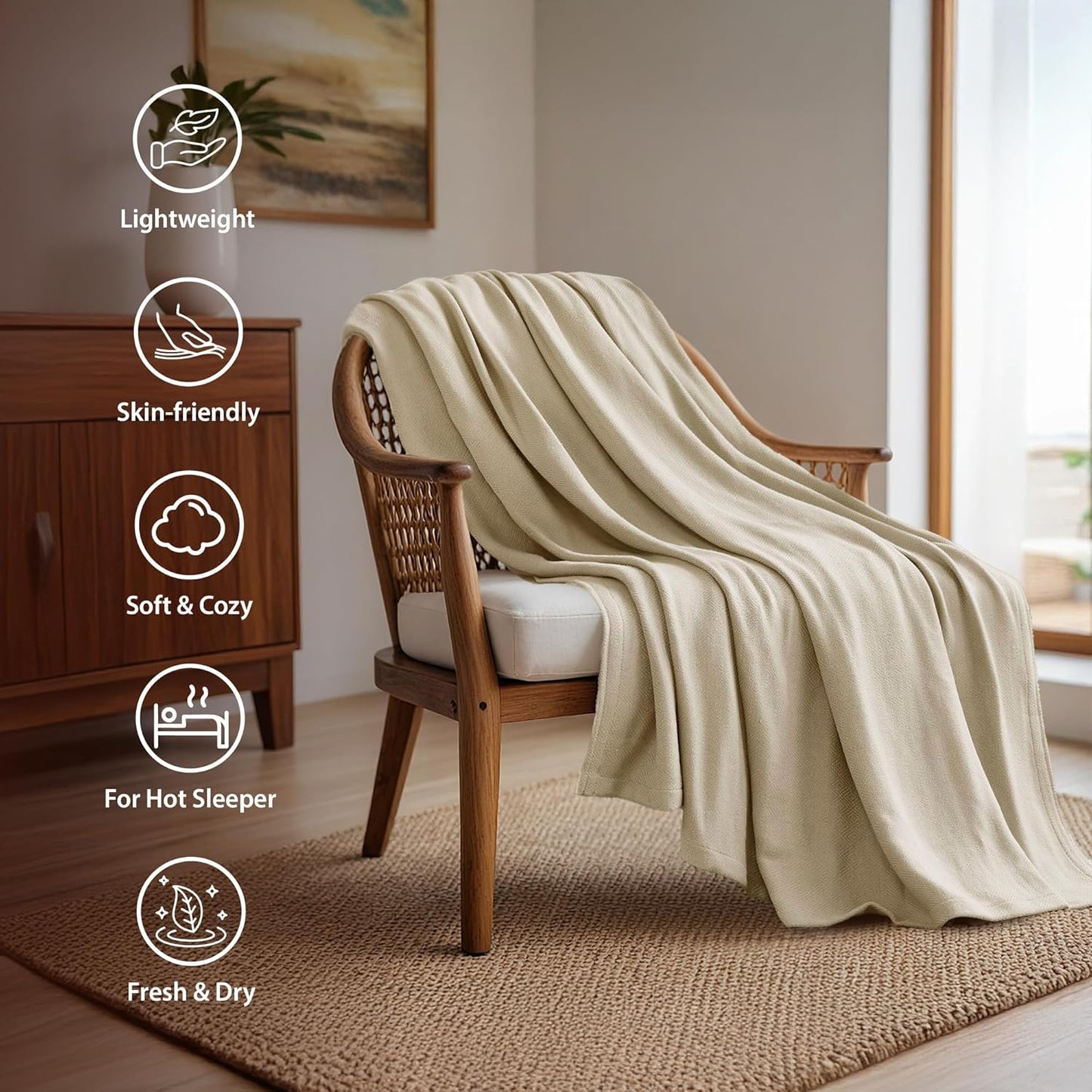 Twin Size Blanket, 70% Rayon (Derived from Bamboo) and 30% Cotton, Lightweight Jacquard Weave, Breathable and Soft Summer Blanket for Bed or Couch, 66” x 90”, Khaki