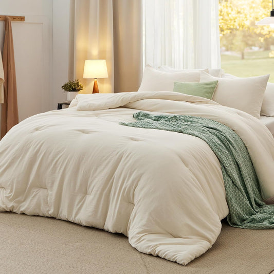 Bedsure Full Size Comforter Set, Cream Soft Prewashed Bedding for All Seasons, 3 Pieces GentleSoft™ Warm Down Alternative Bed Set, 1 Lightweight Comforter (82"x86") and 2 Pillowcases (20"x26")