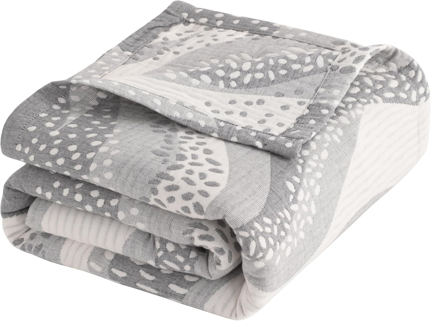 NTBAY 3 Layers Cotton Muslin 88x92 Queen Bed Blanket, Super Soft Breathable Thermal Yarn Dyed Quilt for Adults, Perfect Lightweight Blanket for Couch Sofa Bed All Seasons, Grey Wheat Waves